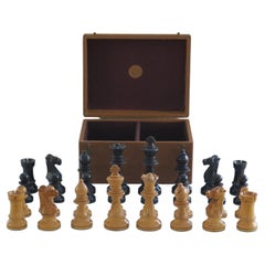 Antique Weighted Chess Set 95mm Kings Fierce Knight Boxed, K&C London Ca 1900