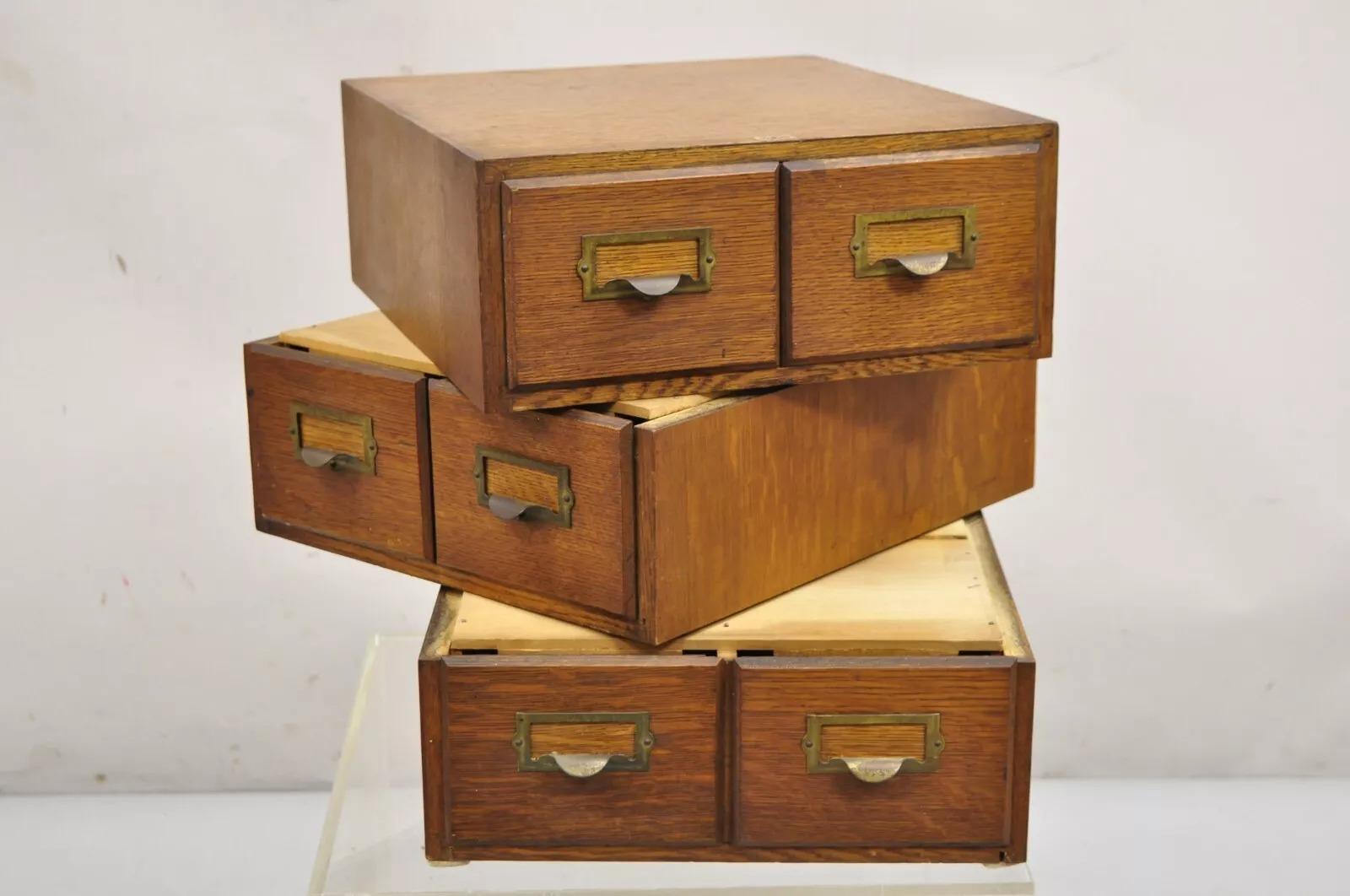 Antique Mission Arts & Crafts Oak Stacking Index Card Letter File Cabinet by Weis - 3 Stack. Circa Early 20th Century. Measurements: 15.5