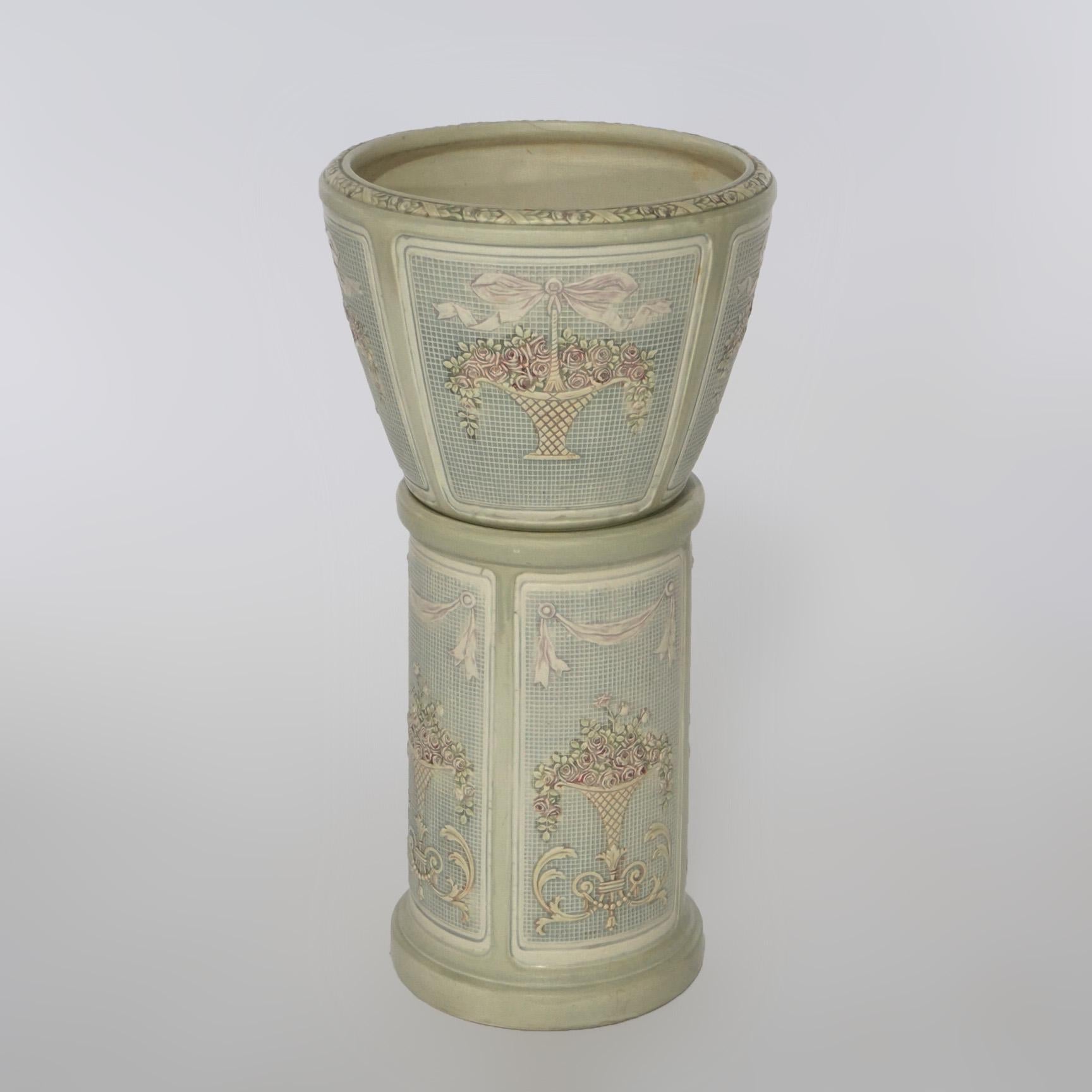 An antique Weller jardiniere and pedestal over art pottery construction with panels having baskets and urns with roses, circa 1930

Measures- Overall 28.75''H x 15''W x 15''D; Jardiniere 10.75''H x 15''W x 15''D; Pedestal 18''H x 11''W x 11''D.
