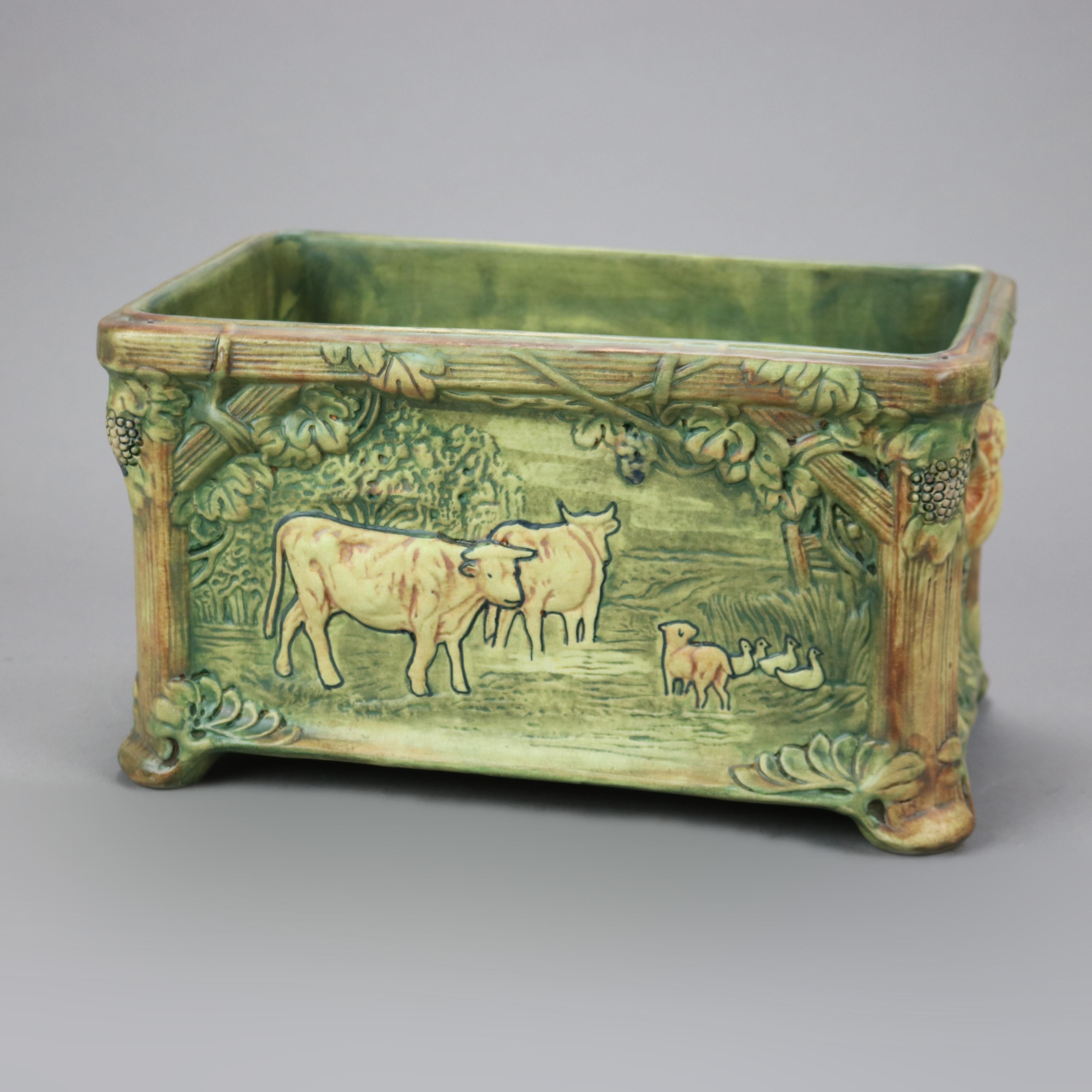 Antique Weller Art Pottery Planter Window Box Form with Cows c1930 In Good Condition In Big Flats, NY