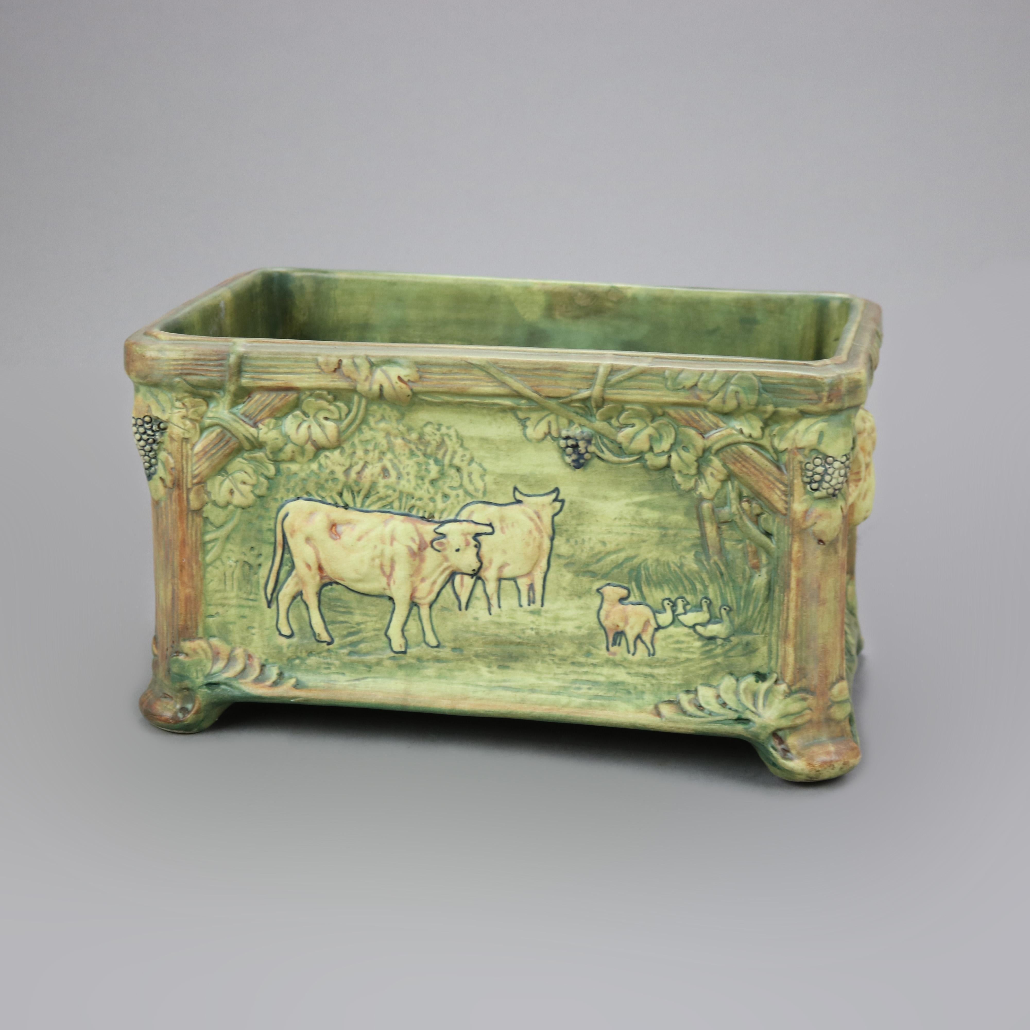 20th Century Antique Weller Art Pottery Planter Window Box Form with Cows c1930