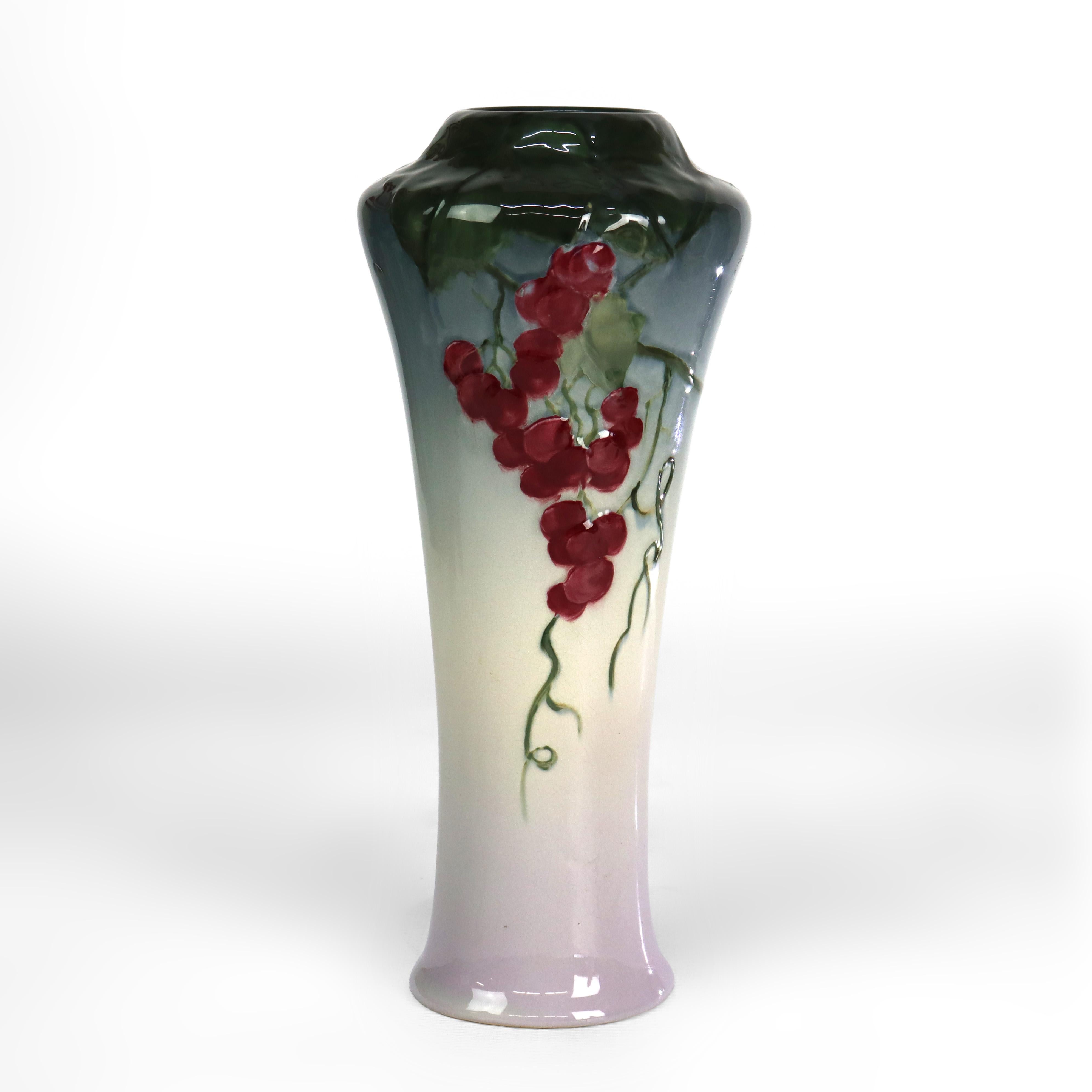 Antique Weller Art Pottery Tall Vase With Grape Vine Pattern Signed C1930

Measures - 14 1/4