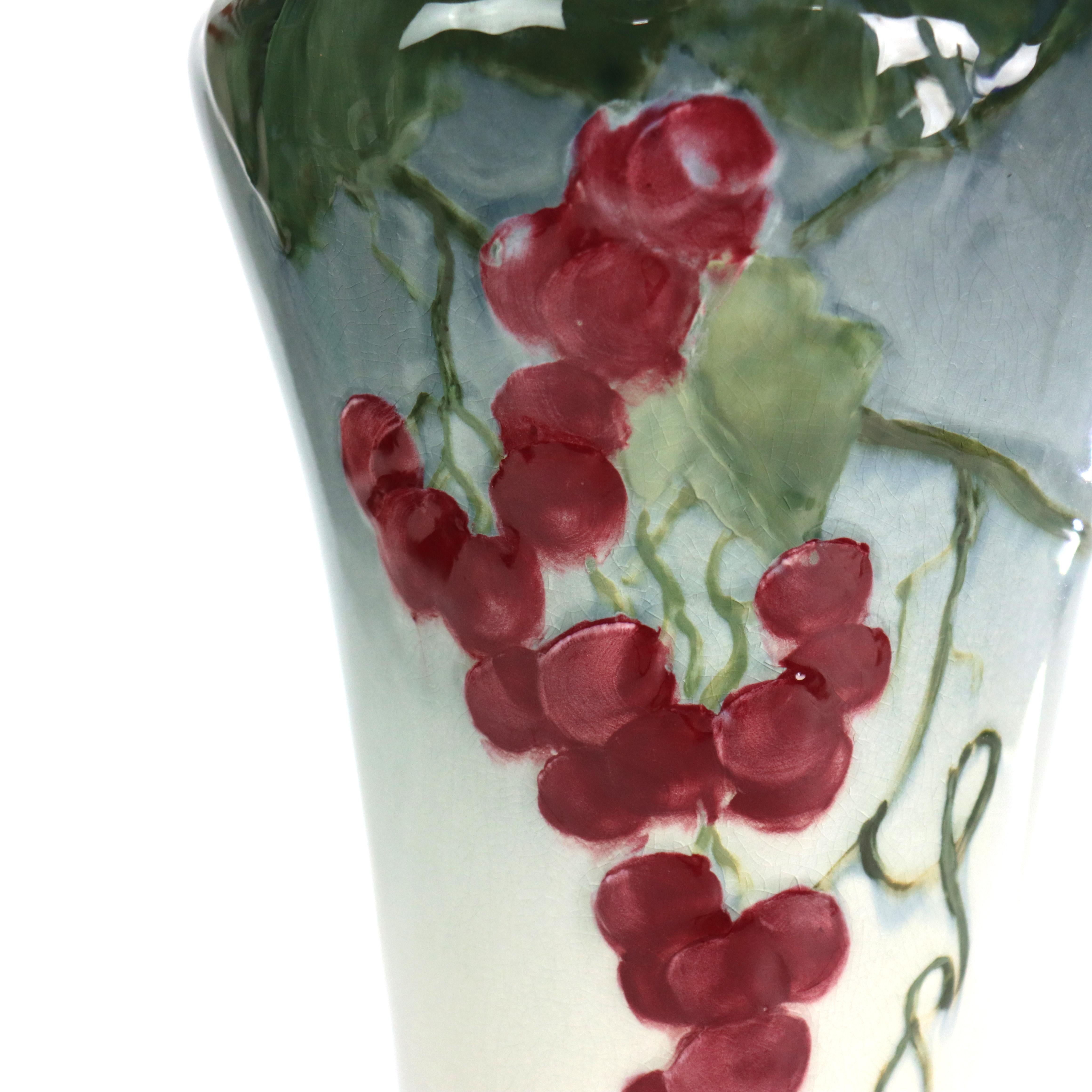 Antique Weller Art Pottery Tall Vase With Grape Vine Pattern Signed C1920 In Good Condition For Sale In Big Flats, NY