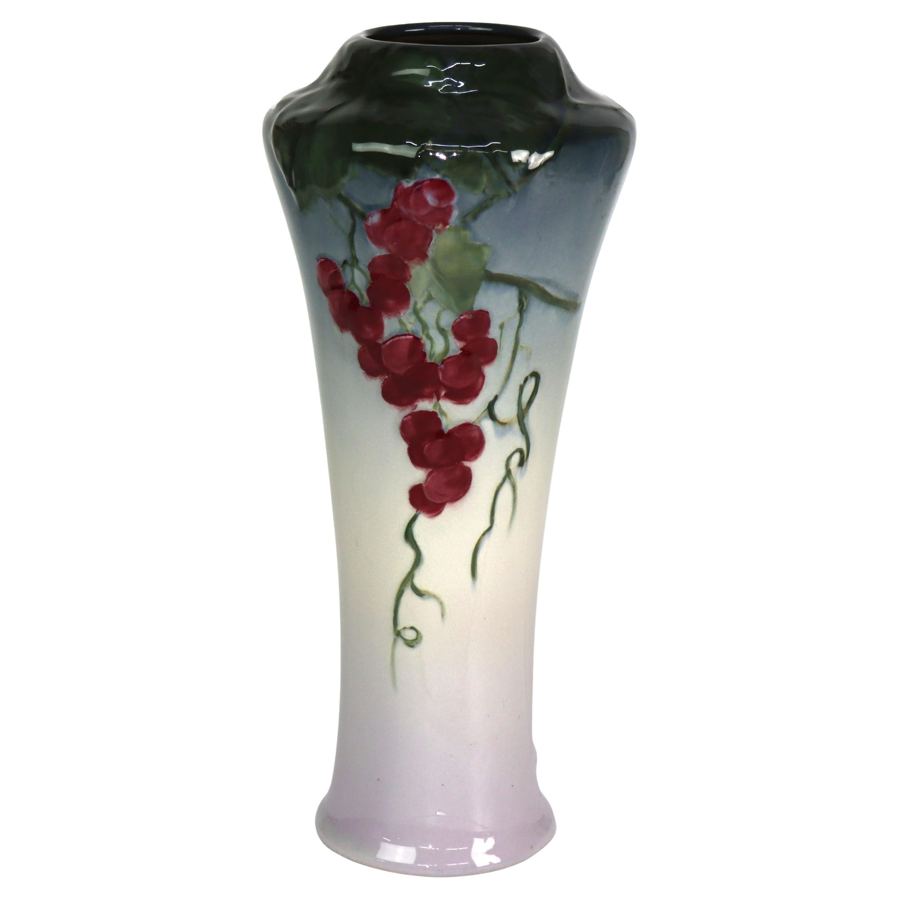 Antique Weller Art Pottery Tall Vase With Grape Vine Pattern Signed C1920 For Sale