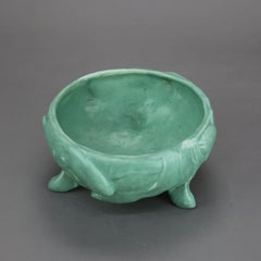 Antique Weller Arts & Crafts Fish Embossed Footed Green Pottery Bowl c1910
