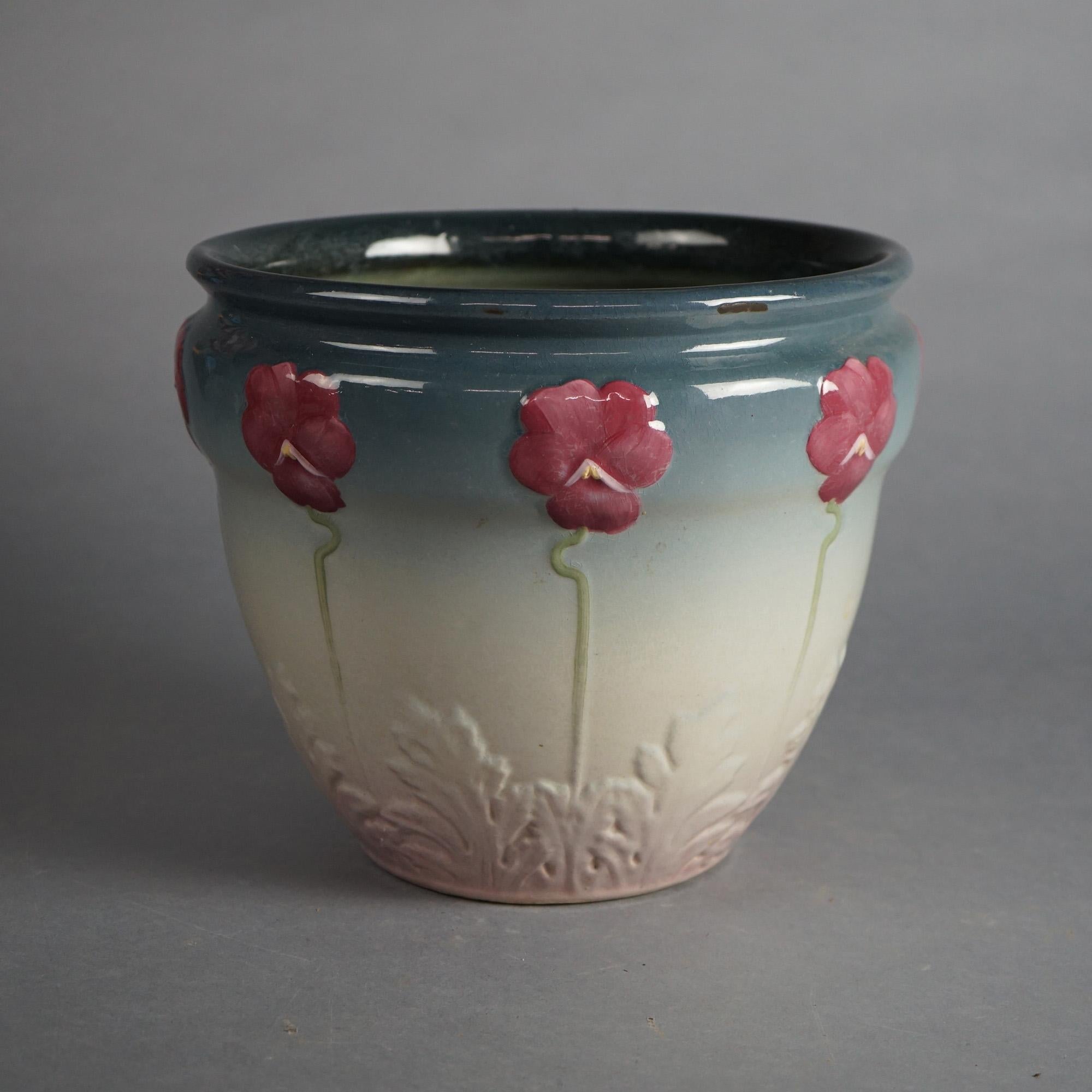 Antique Weller Arts & Crafts Pottery Jardiniere & Pedestal with Stylized Floral Design C1920

Measures- Pedestal: 16''H x 10''W x 10''D; Bowl: 9''H x 11''W x 11''D