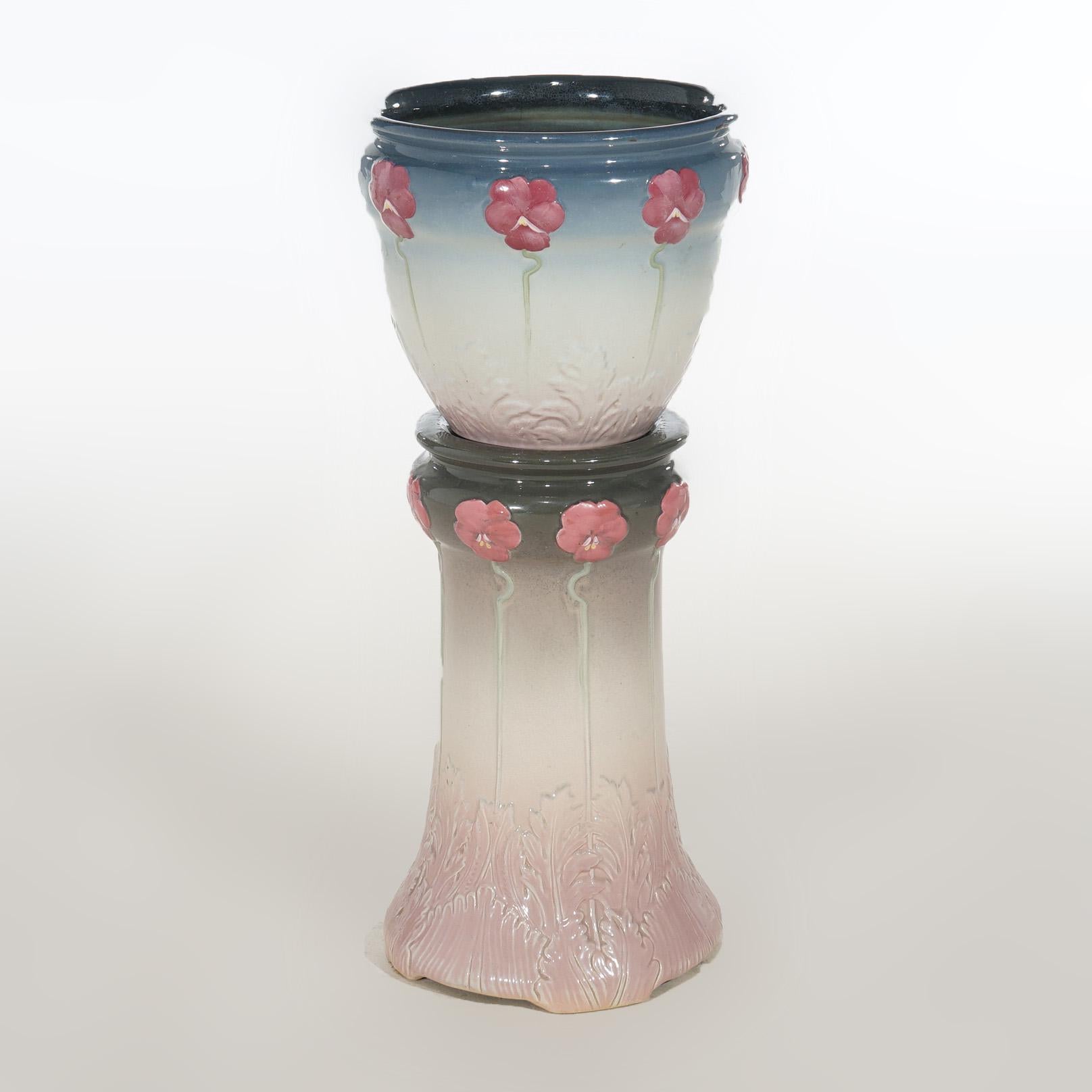 Arts and Crafts Antique Weller Arts & Crafts Stylized Floral Pottery Jardiniere & Pedestal C1920