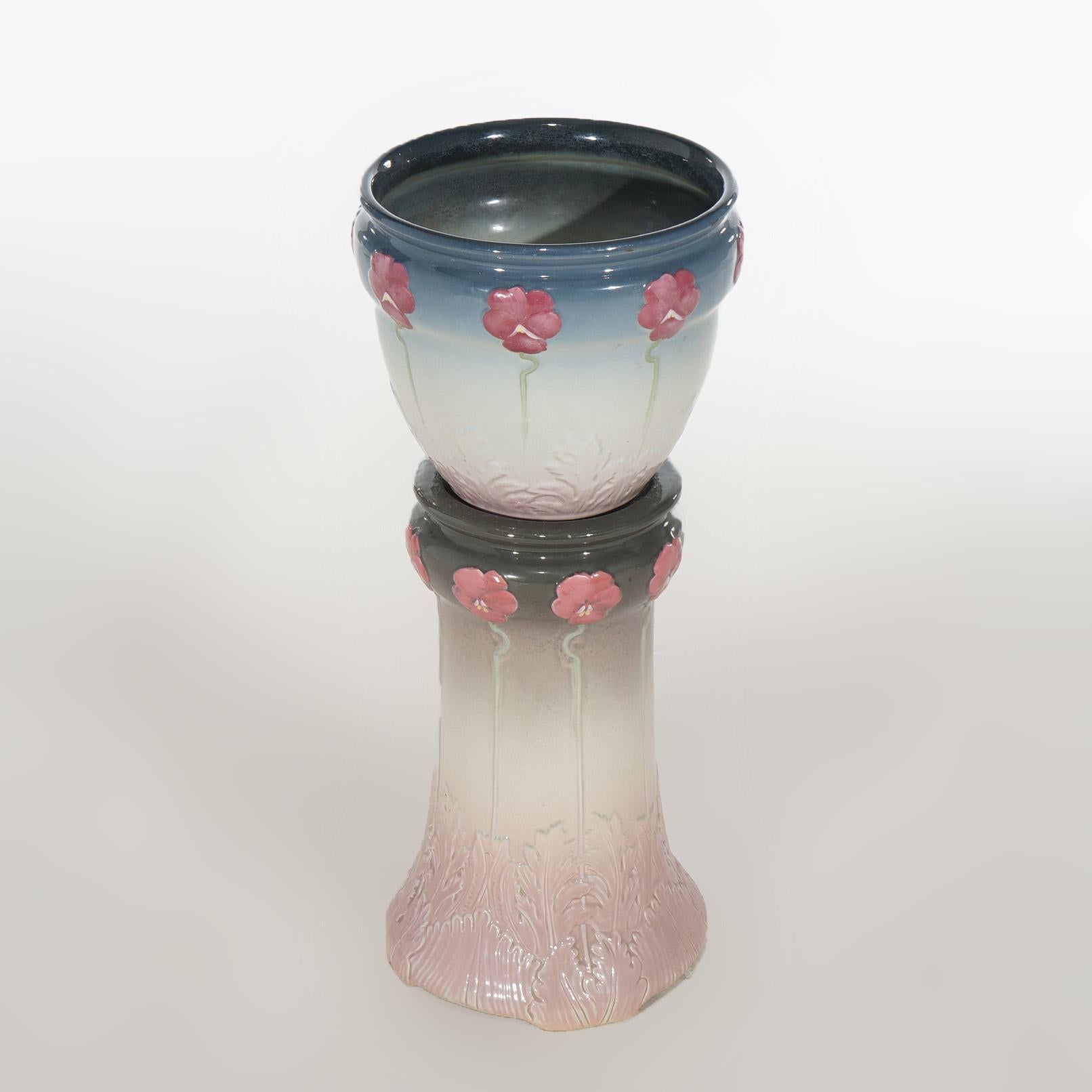 Antique Weller Arts & Crafts Stylized Floral Pottery Jardiniere & Pedestal C1920 In Good Condition In Big Flats, NY