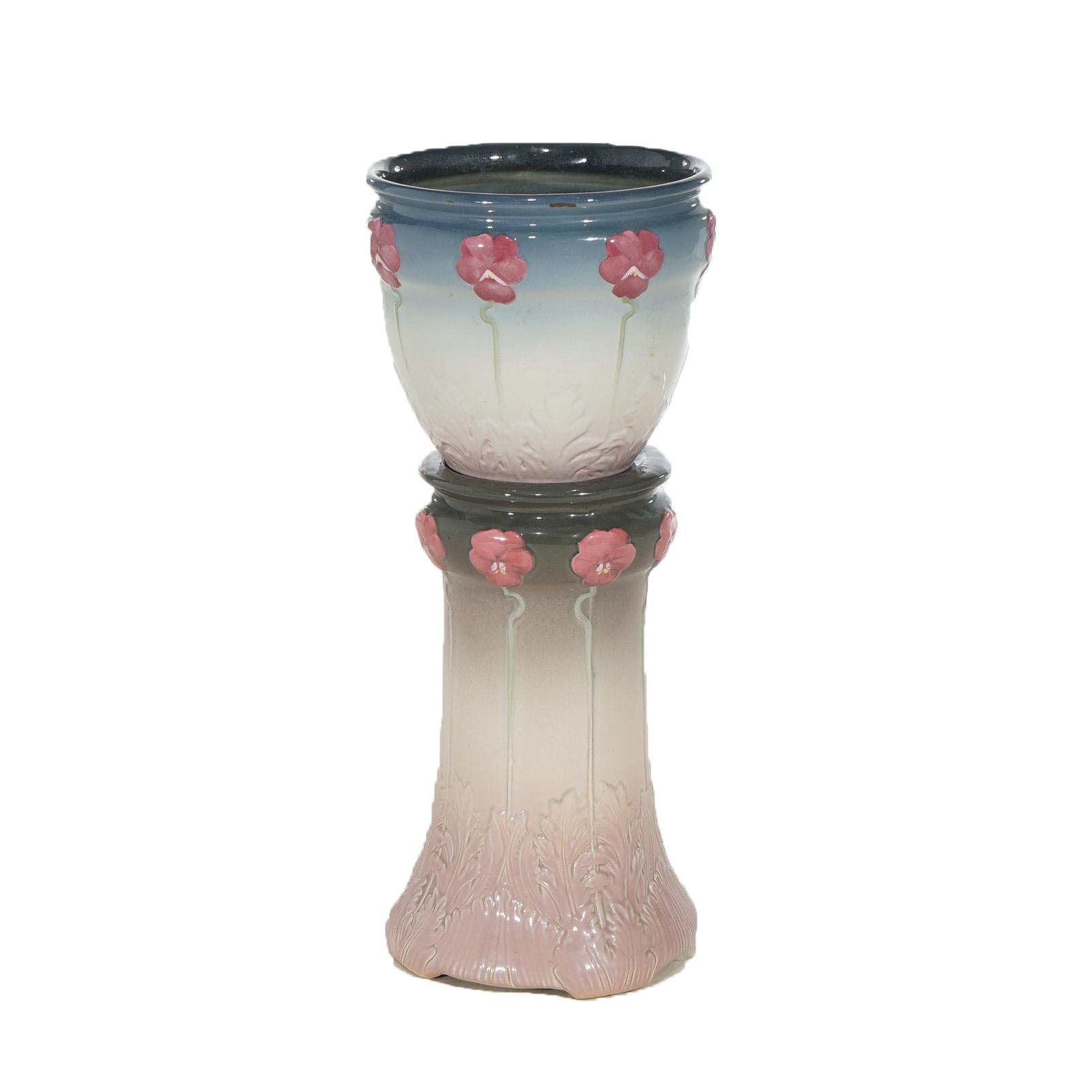 20th Century Antique Weller Arts & Crafts Stylized Floral Pottery Jardiniere & Pedestal C1920
