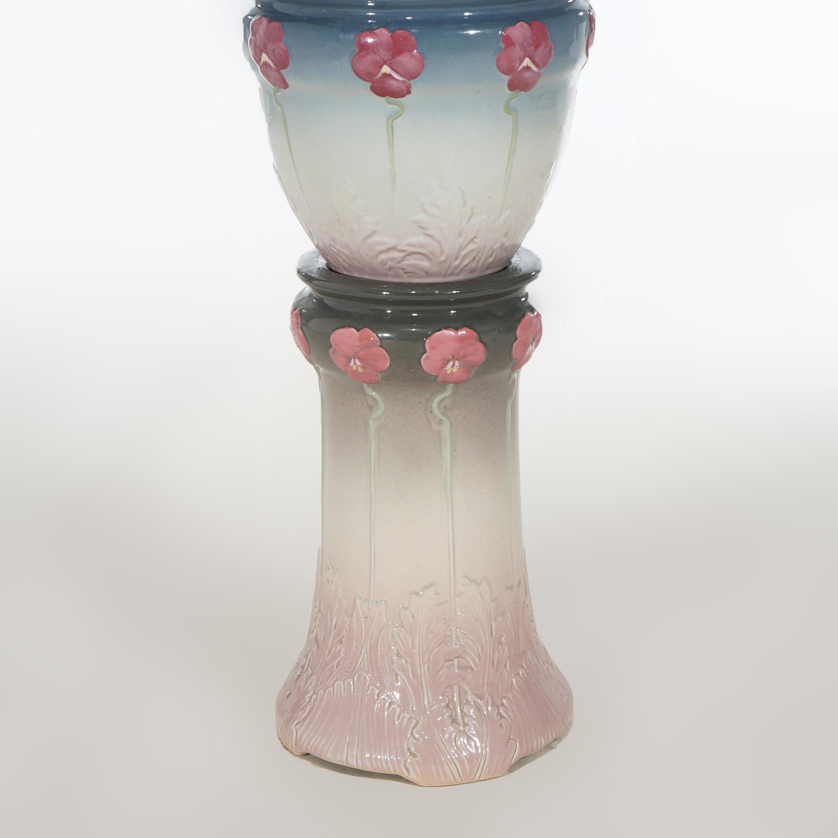 Antique Weller Arts & Crafts Stylized Floral Pottery Jardiniere & Pedestal C1920 1