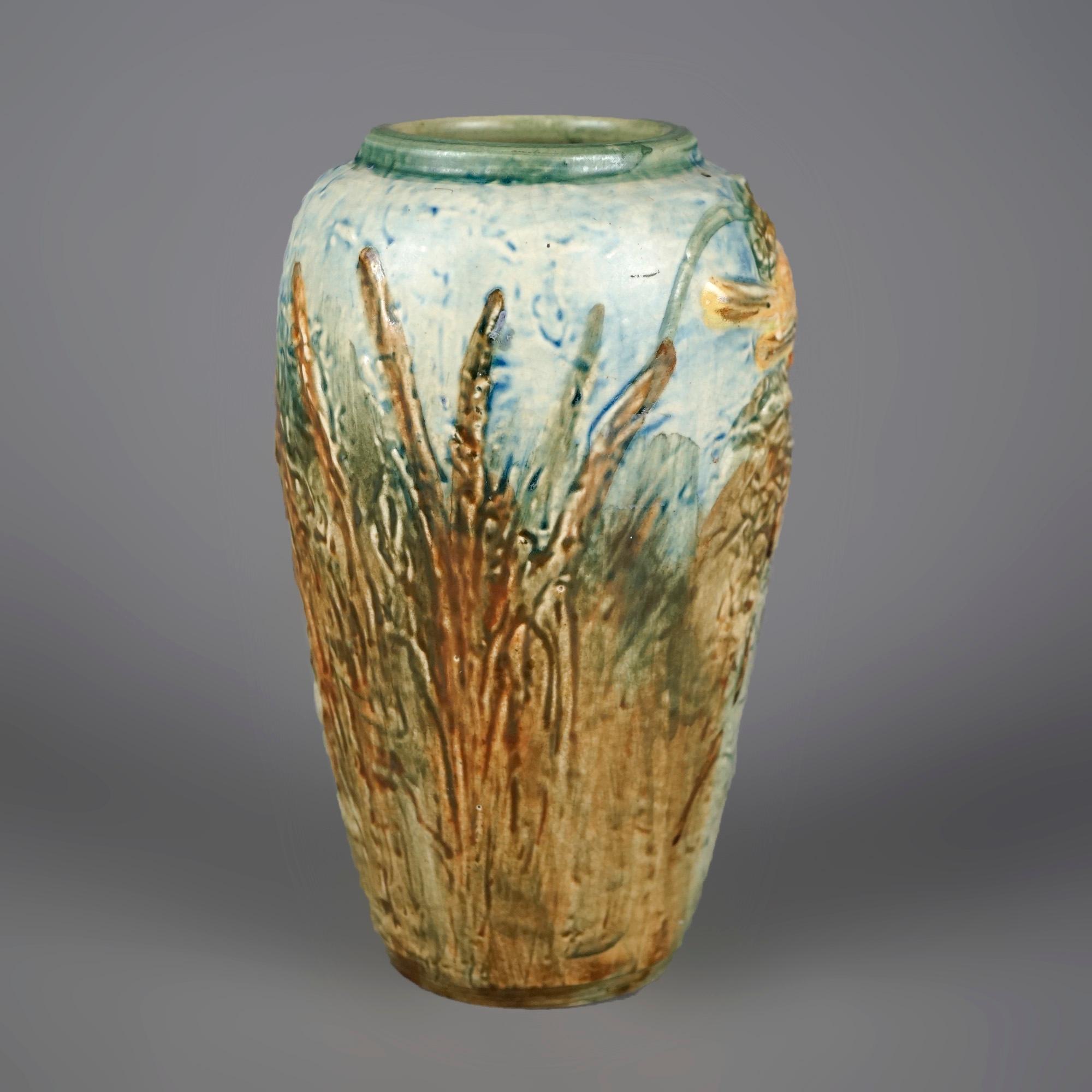 American Antique Weller Glendale Art Pottery Vase with High Relief Birds & Nest, c1920