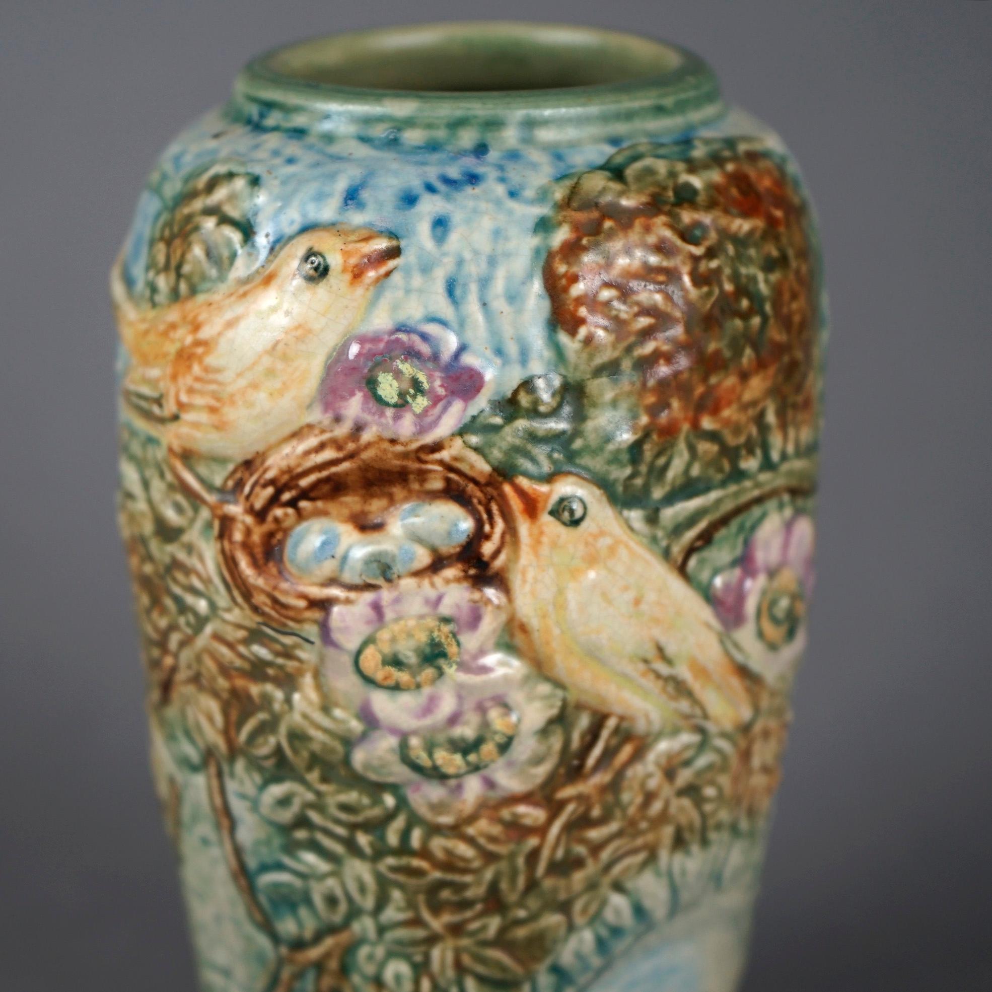 Antique Weller Glendale Art Pottery Vase with High Relief Birds & Nest, c1920 In Good Condition In Big Flats, NY