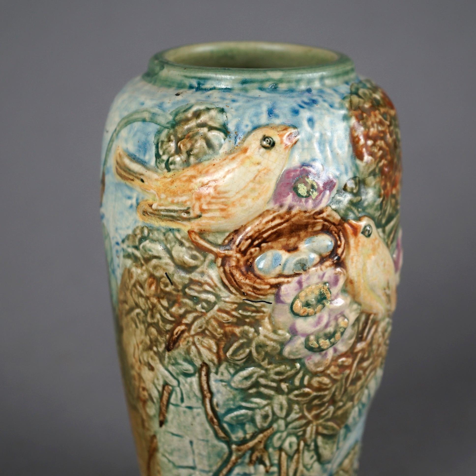 20th Century Antique Weller Glendale Art Pottery Vase with High Relief Birds & Nest, c1920