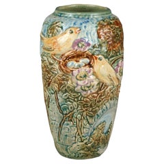 Antique Weller Glendale Art Pottery Vase with High Relief Birds & Nest, c1920