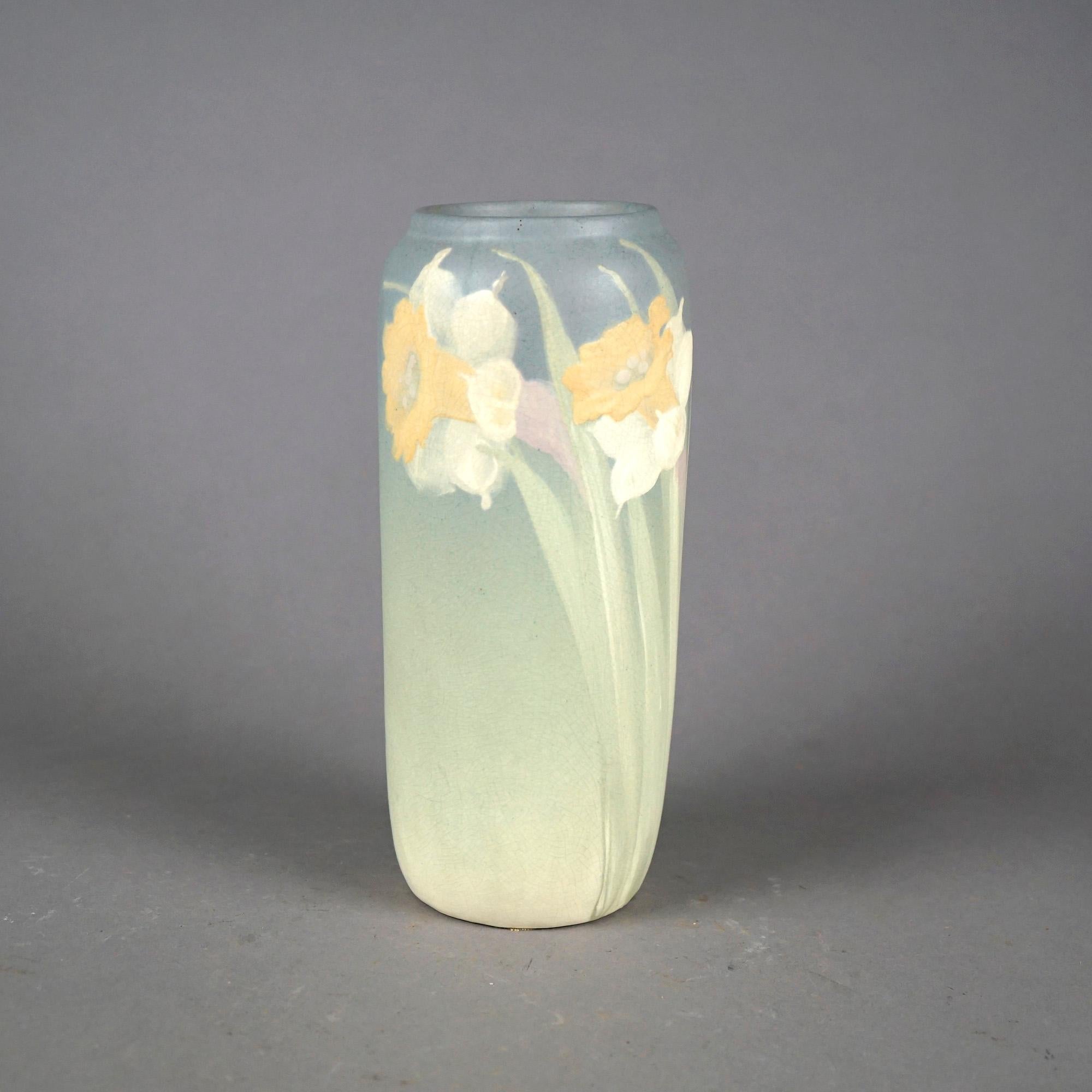 An antique Weller Hudson vase offers art pottery construction in cylinder form with hand painted daffodils, maker mark on base as photographed, c1920

Measures- 9.5''H x 4''W x 4''D

Catalogue Note: Ask about DISCOUNTED DELIVERY RATES available to