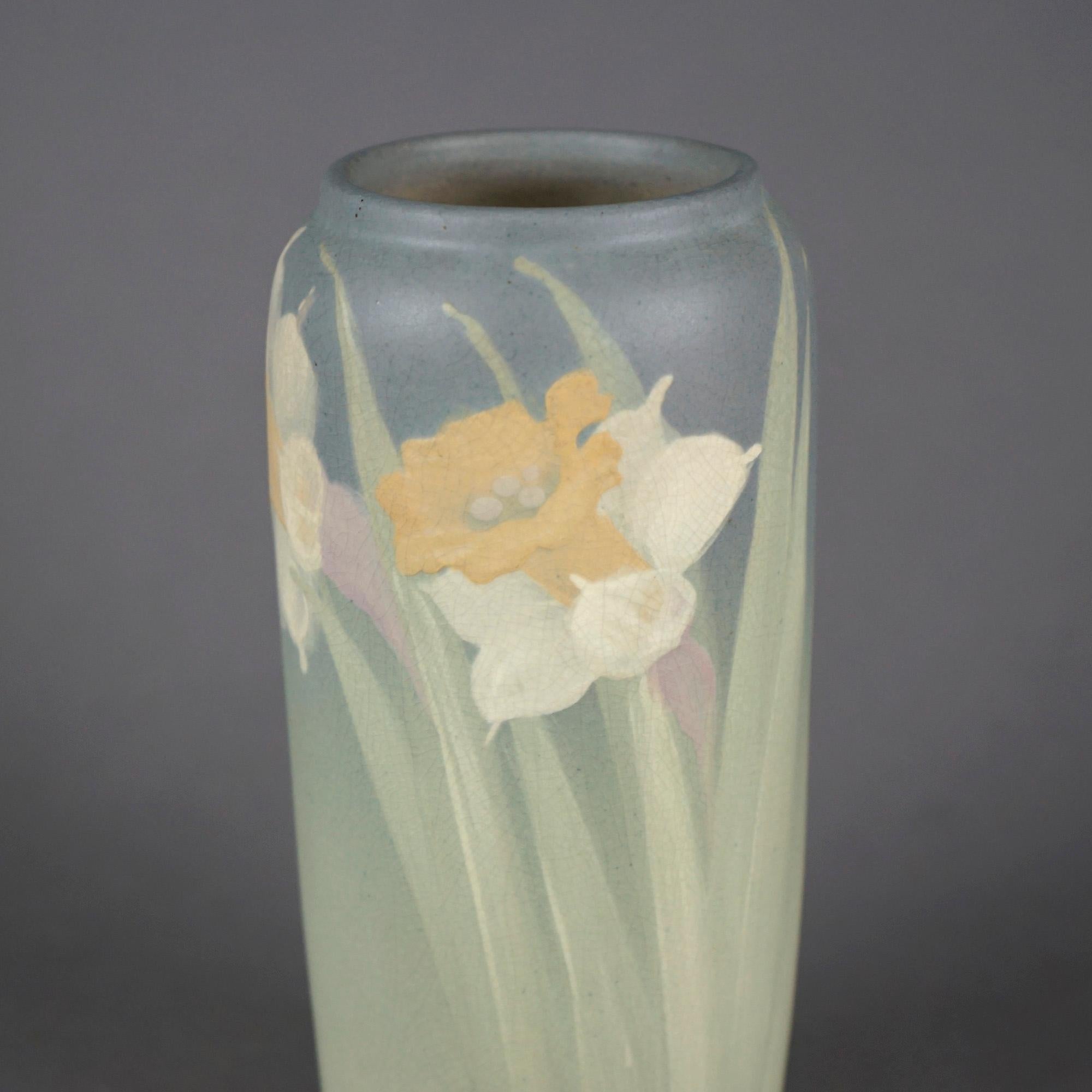 Arts and Crafts Antique Weller Hudson Art Pottery Floral Decorated Daffodil Vase Circa 1920 For Sale