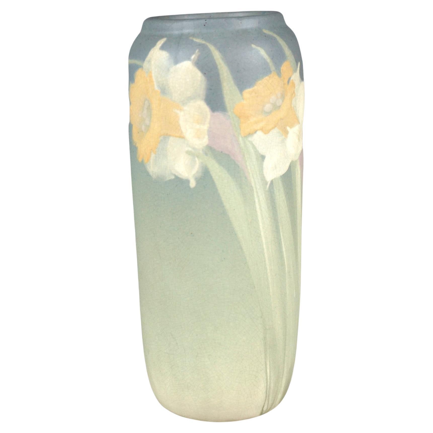 Antique Weller Hudson Art Pottery Floral Decorated Daffodil Vase Circa 1920 For Sale