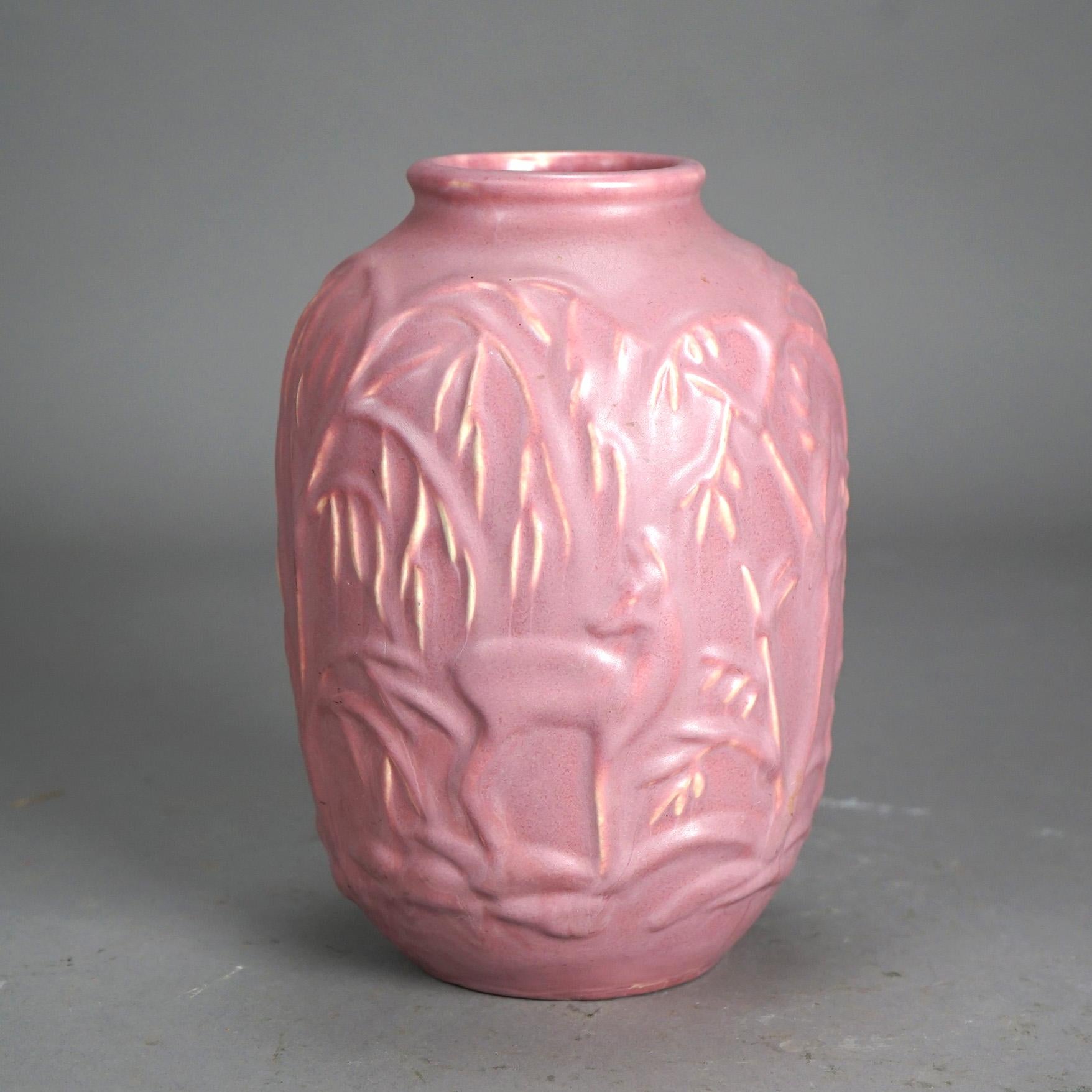 American Antique Camark Art Deco Matt Pottery Vase with Deer, C1930 For Sale