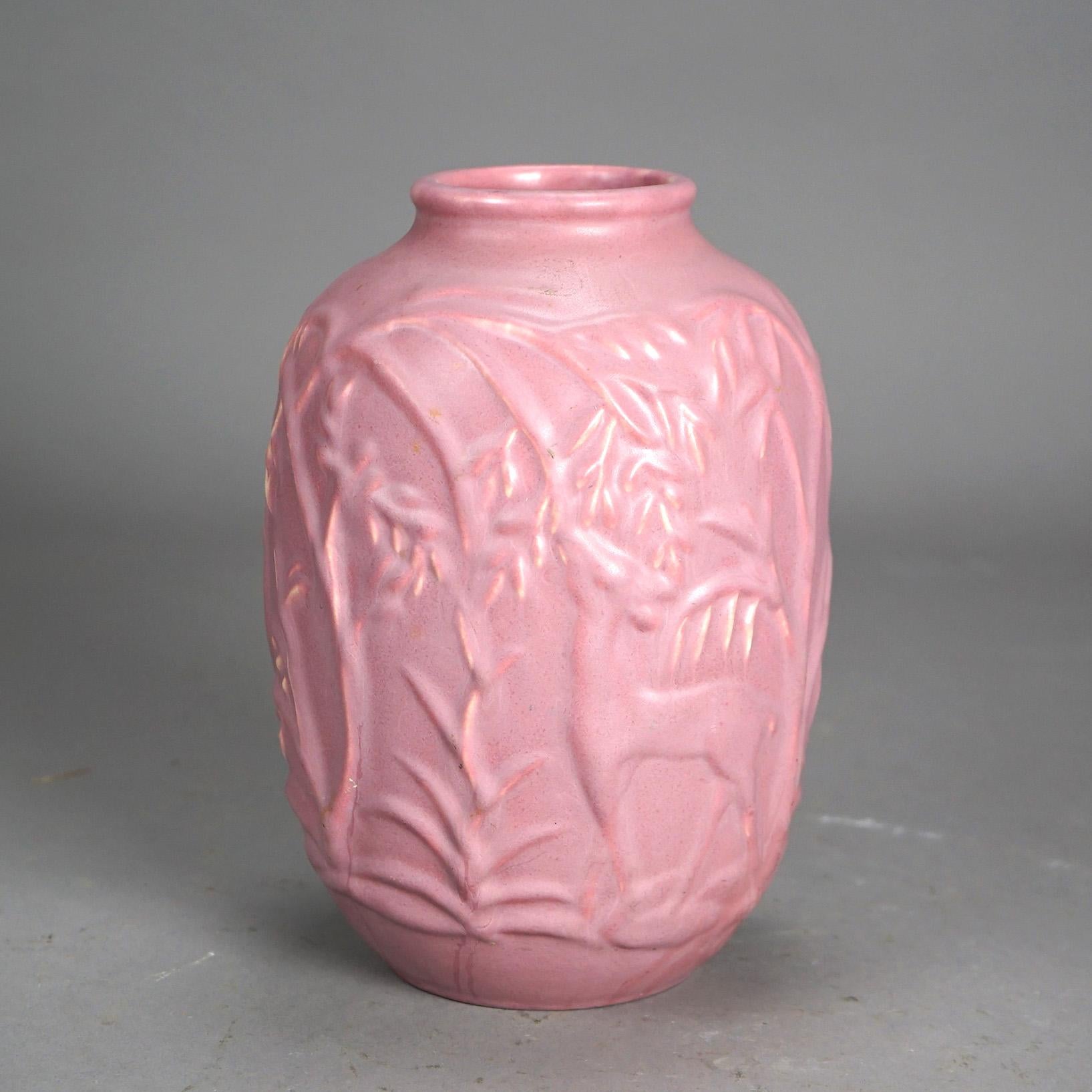 Glazed Antique Camark Art Deco Matt Pottery Vase with Deer, C1930