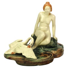 Antique Weller Pottery Art Deco Figural Flower Frog with Woman & Swan C1920