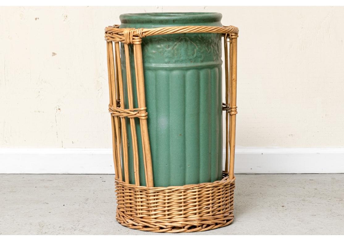 Antique Weller Pottery Umbrella Stand With Wicker Caddy 5