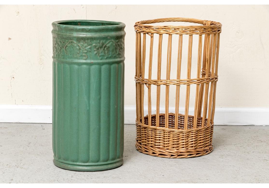 Antique Weller Pottery Umbrella Stand With Wicker Caddy 7