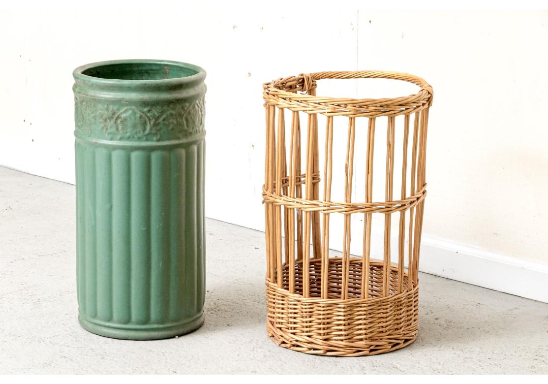 Antique Weller Pottery Umbrella Stand With Wicker Caddy 8