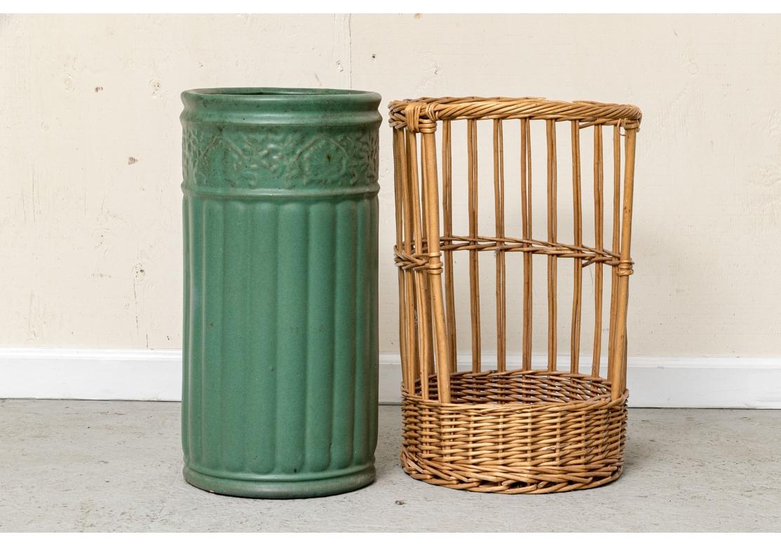 Antique Weller Pottery Umbrella Stand With Wicker Caddy 9