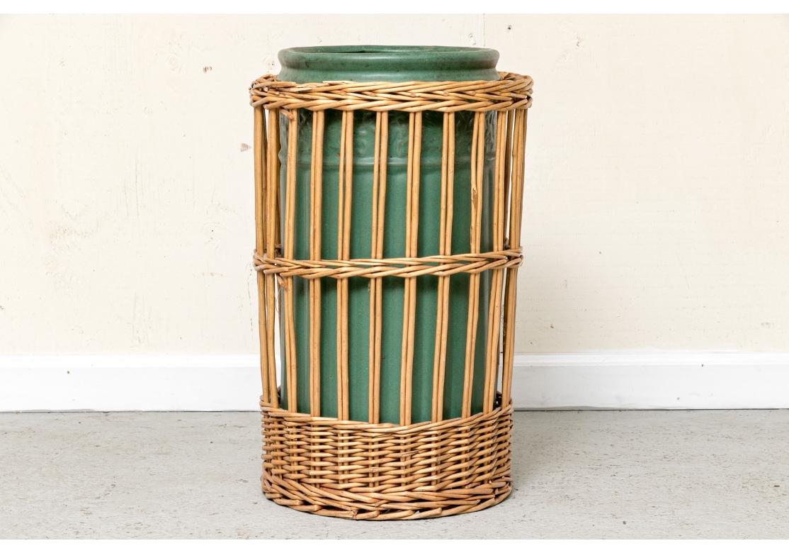 Antique Weller Pottery Umbrella Stand With Wicker Caddy 14