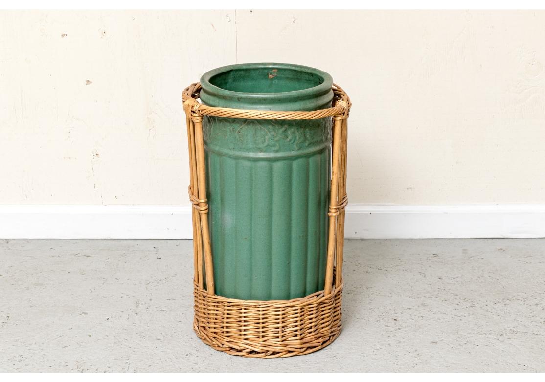 Antique Weller Pottery Umbrella Stand With Wicker Caddy In Fair Condition In Bridgeport, CT