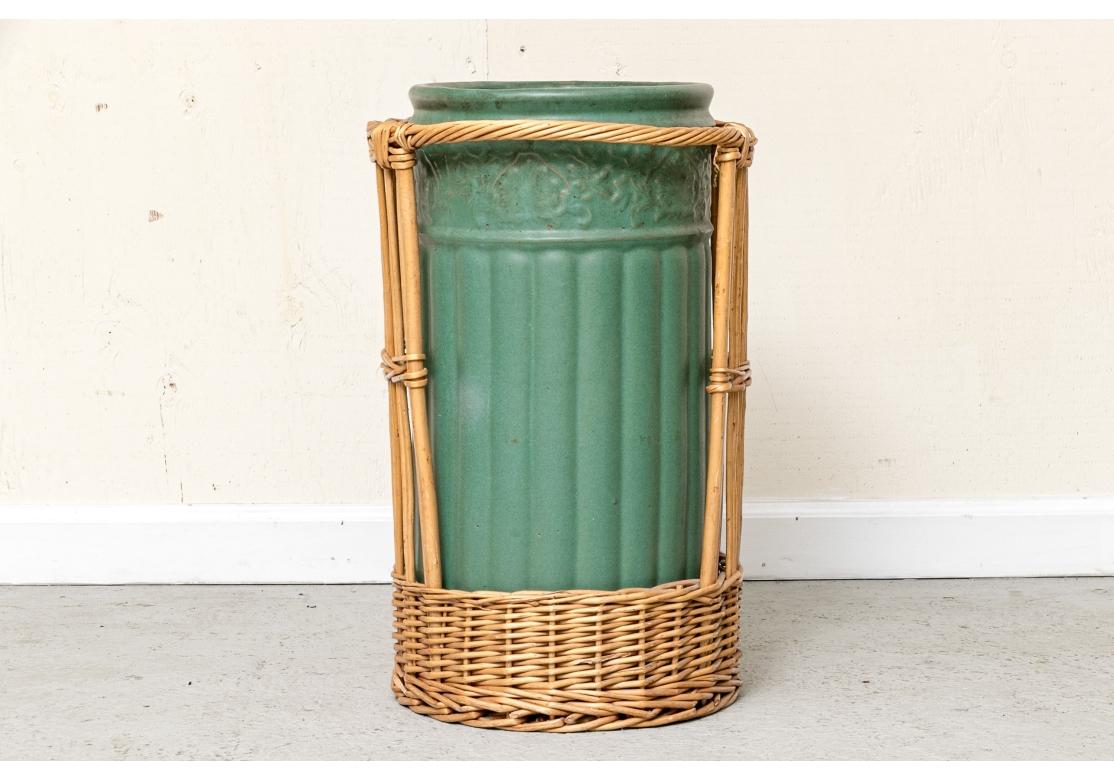 20th Century Antique Weller Pottery Umbrella Stand With Wicker Caddy