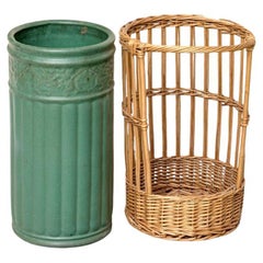 Antique Weller Pottery Umbrella Stand With Wicker Caddy