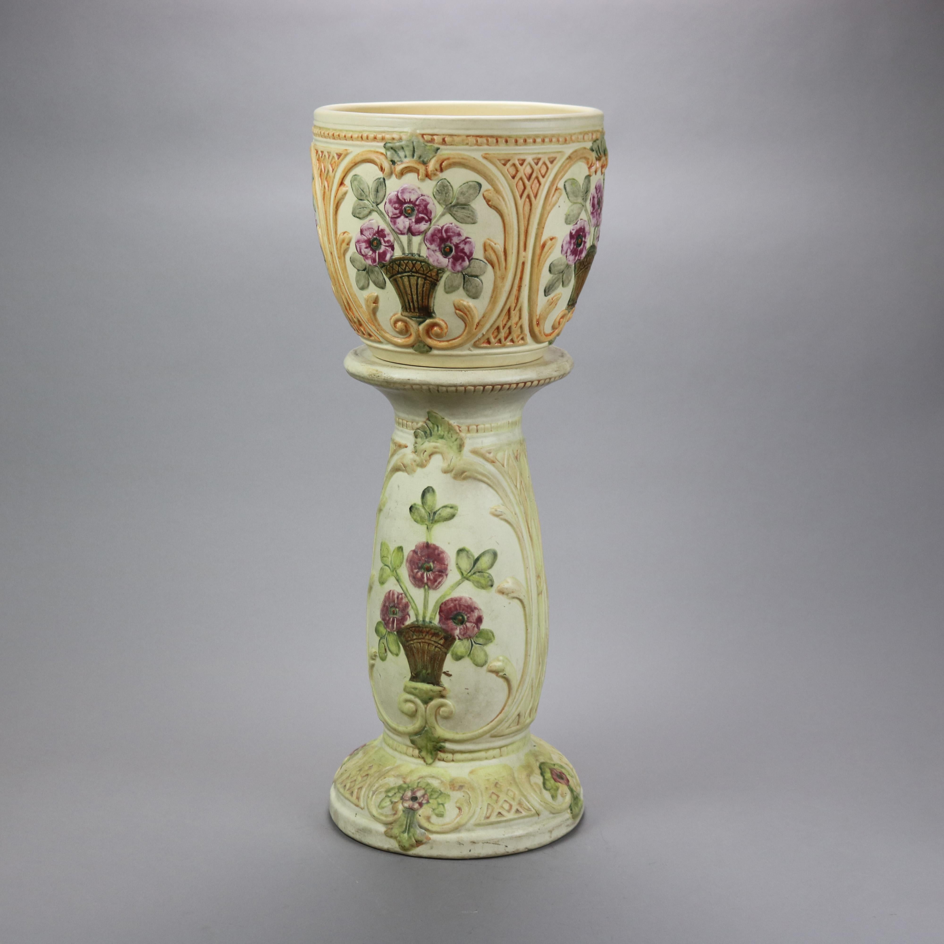 Glazed Antique Weller Roma Art Pottery Jardiniere & Pedestal, Circa 1930