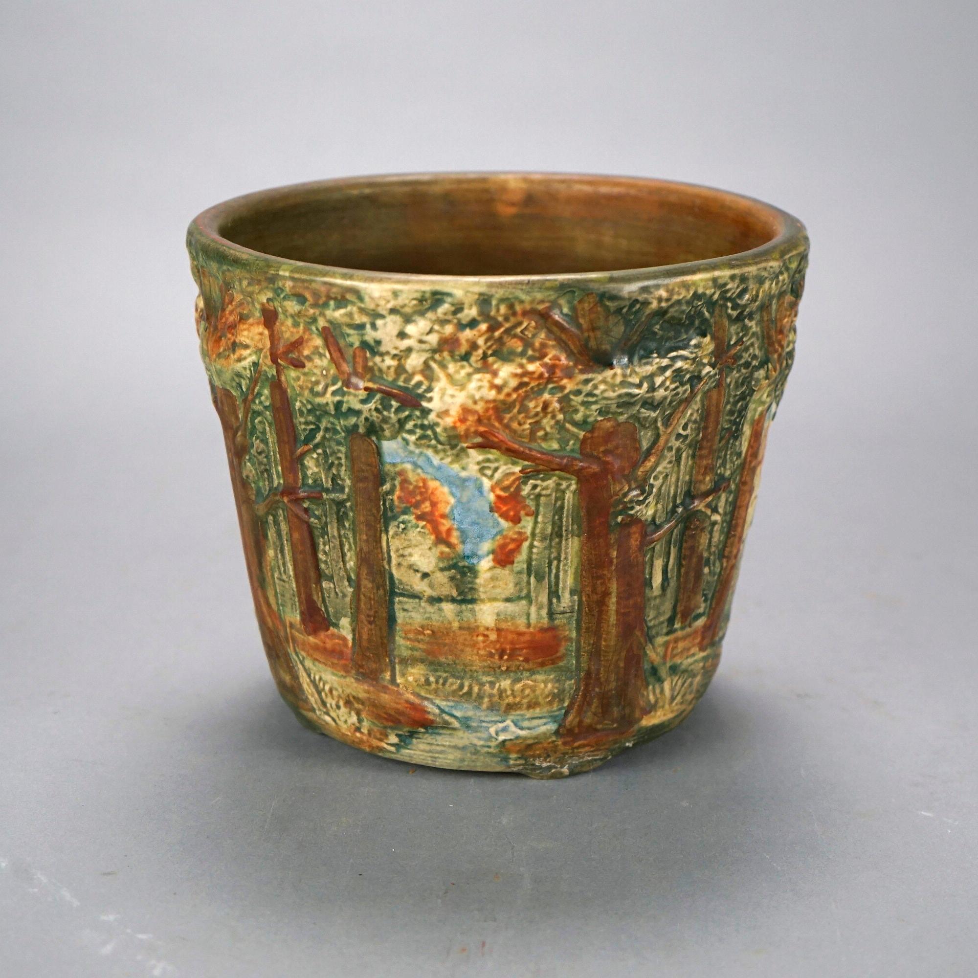 Antique Weller Woodland Forest Art Pottery Jardiniere Planter Circa 1930 In Good Condition In Big Flats, NY