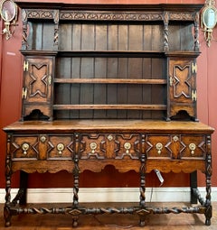 Antique Welsh Brass Mounted Carved Oak Dresser, Circa 1890-1900.