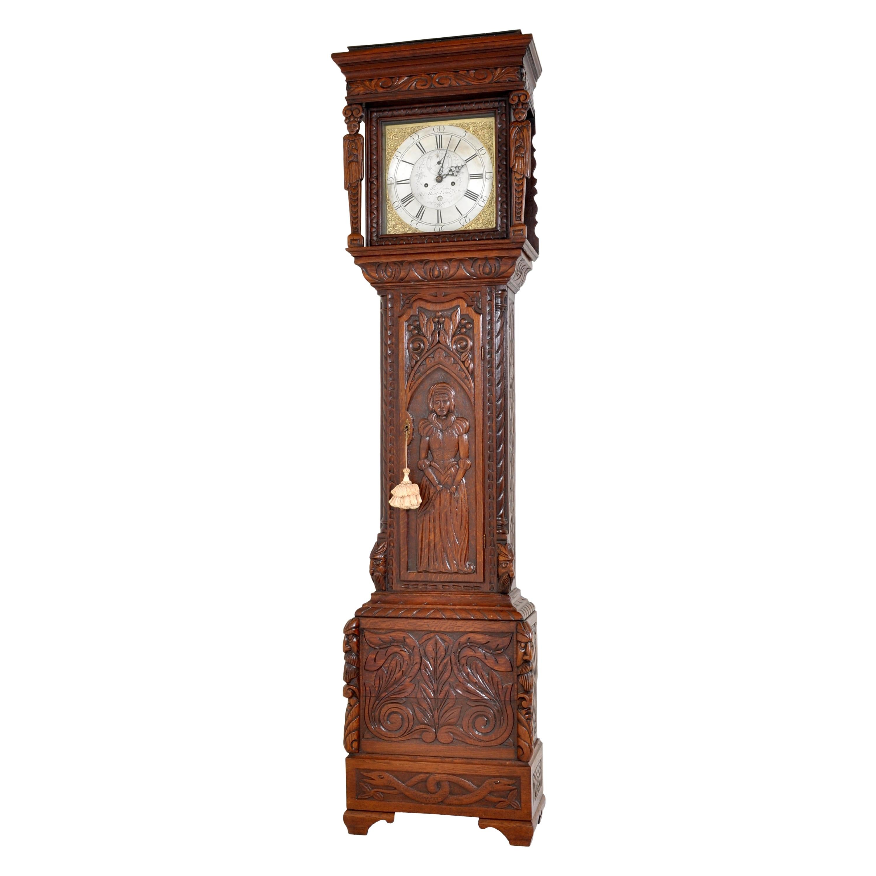Antique Welsh Carved Oak 8-Day Longcase/Grandfather Clock, Thomas Evans