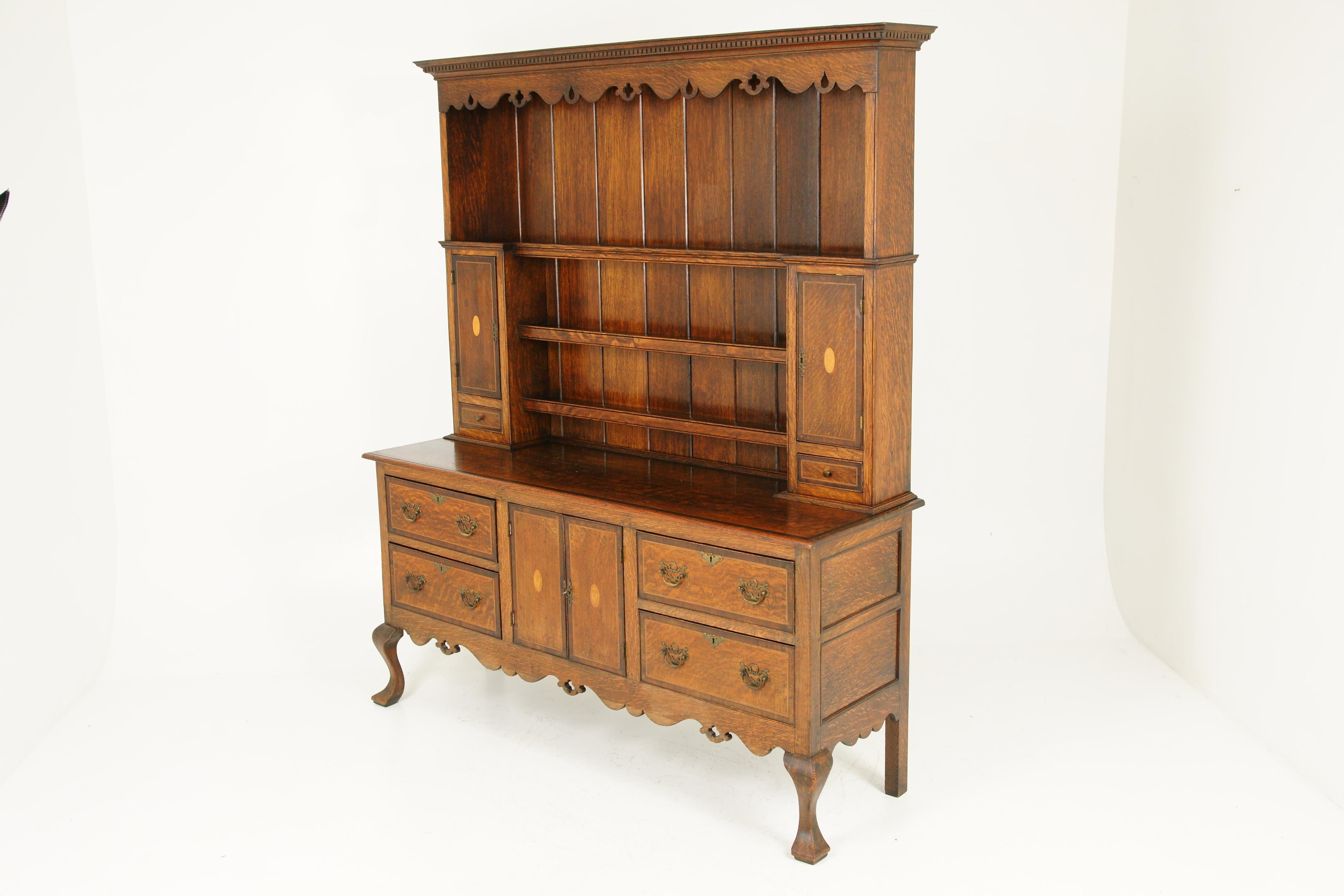 Antique Welsh Dresser, Inlaid Carved Oak, Sideboard, Scotland 1920