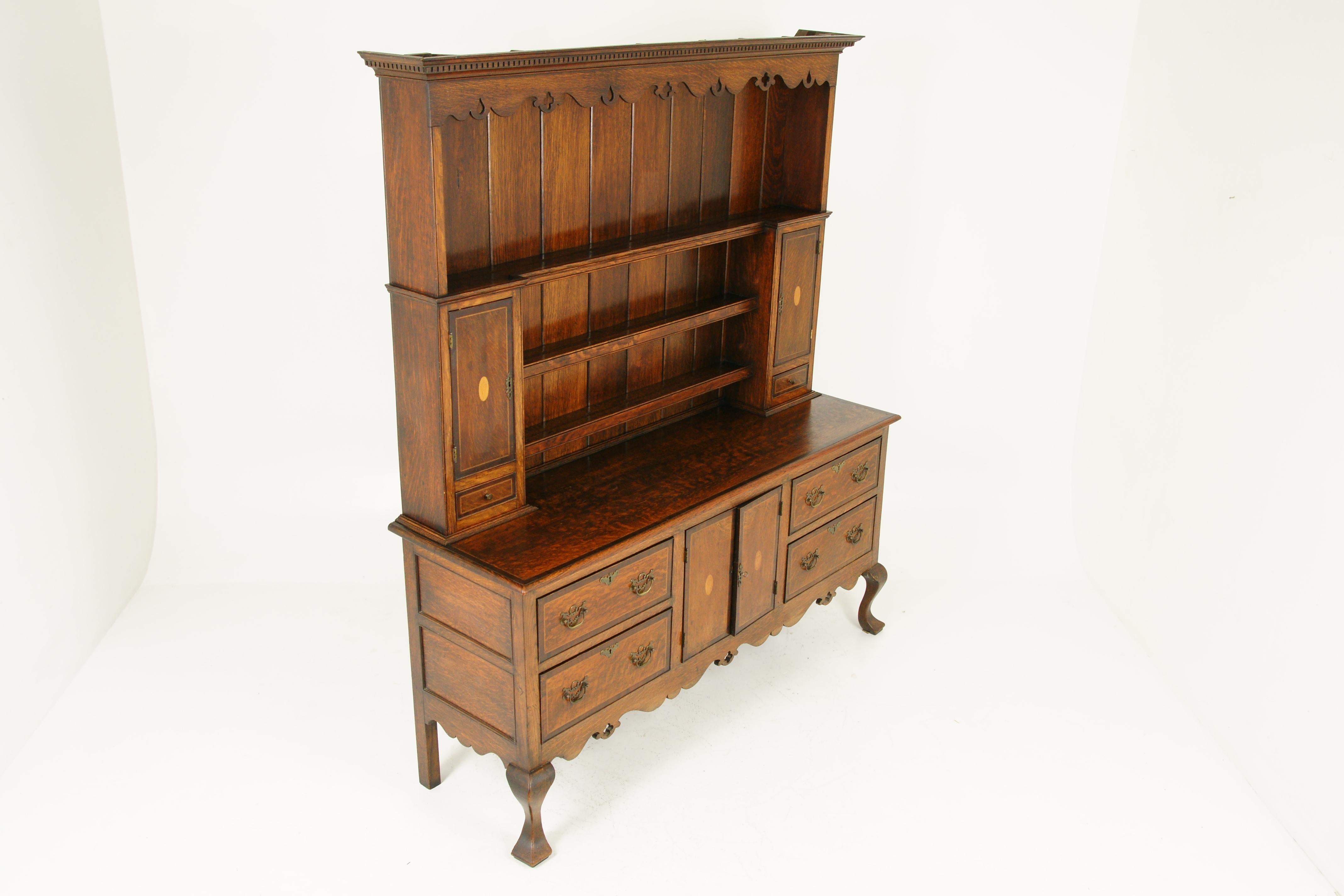 Antique Welsh Dresser, Inlaid Carved Oak, Sideboard, Scotland 1920