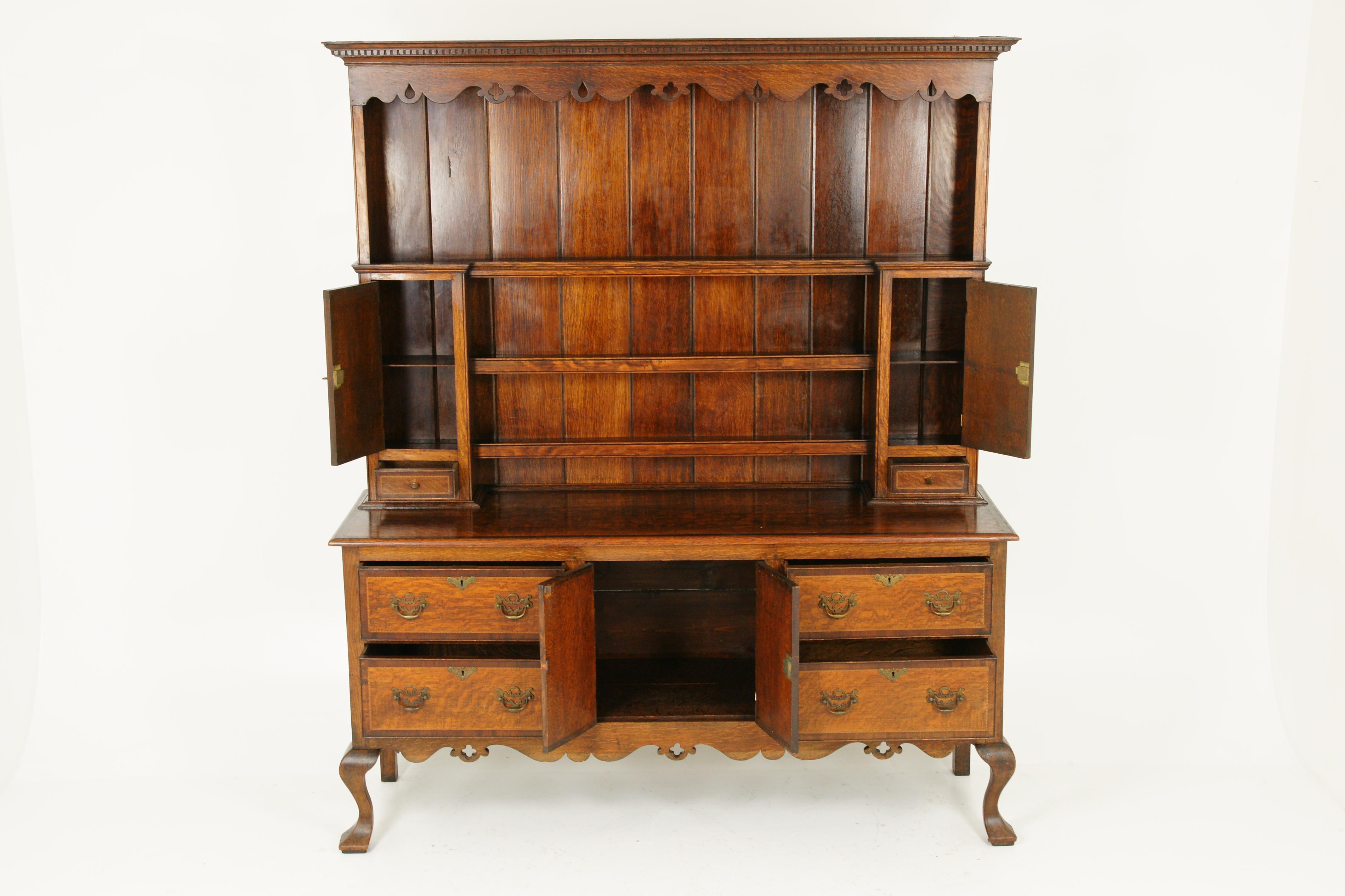 Antique Welsh Dresser, Inlaid Carved Oak, Sideboard, Scotland 1920