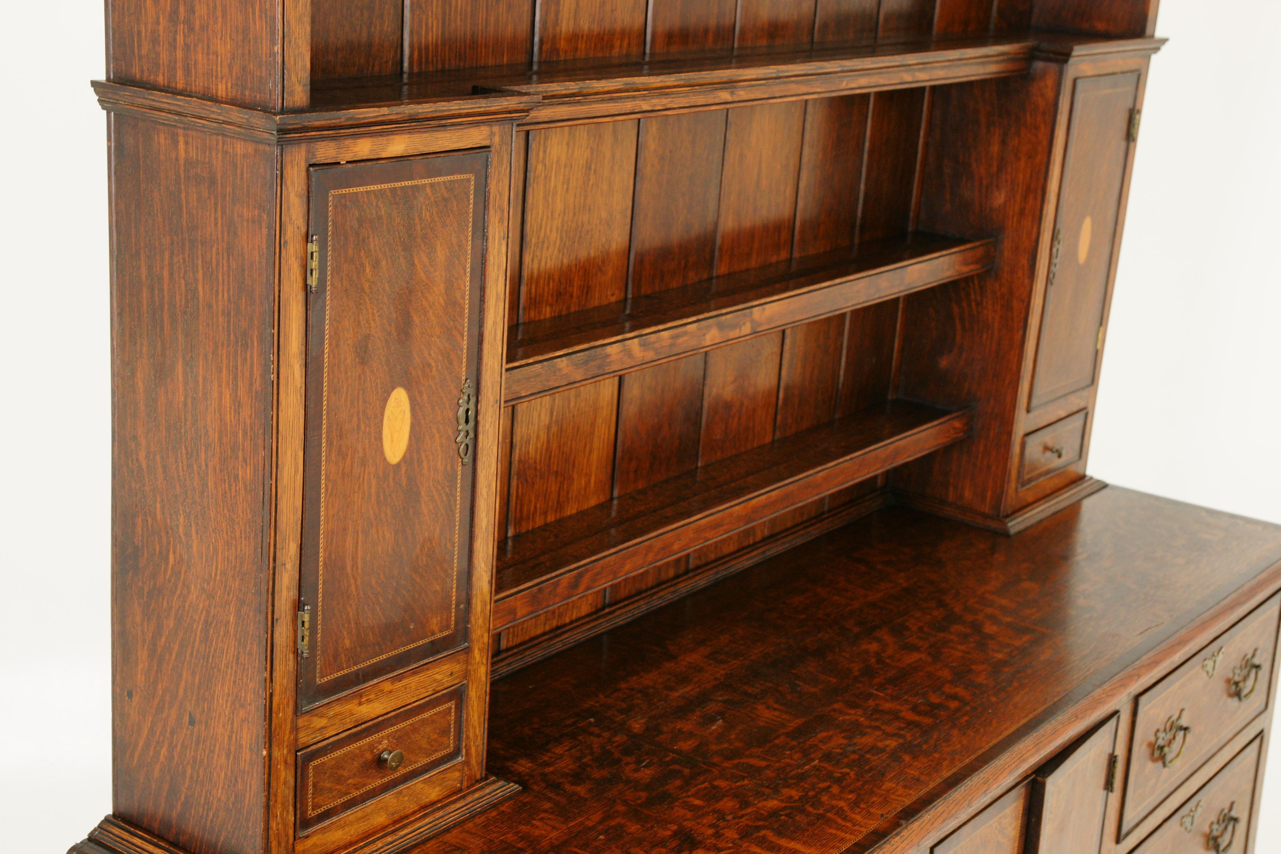 Antique Welsh Dresser, Inlaid Carved Oak, Sideboard, Scotland 1920
