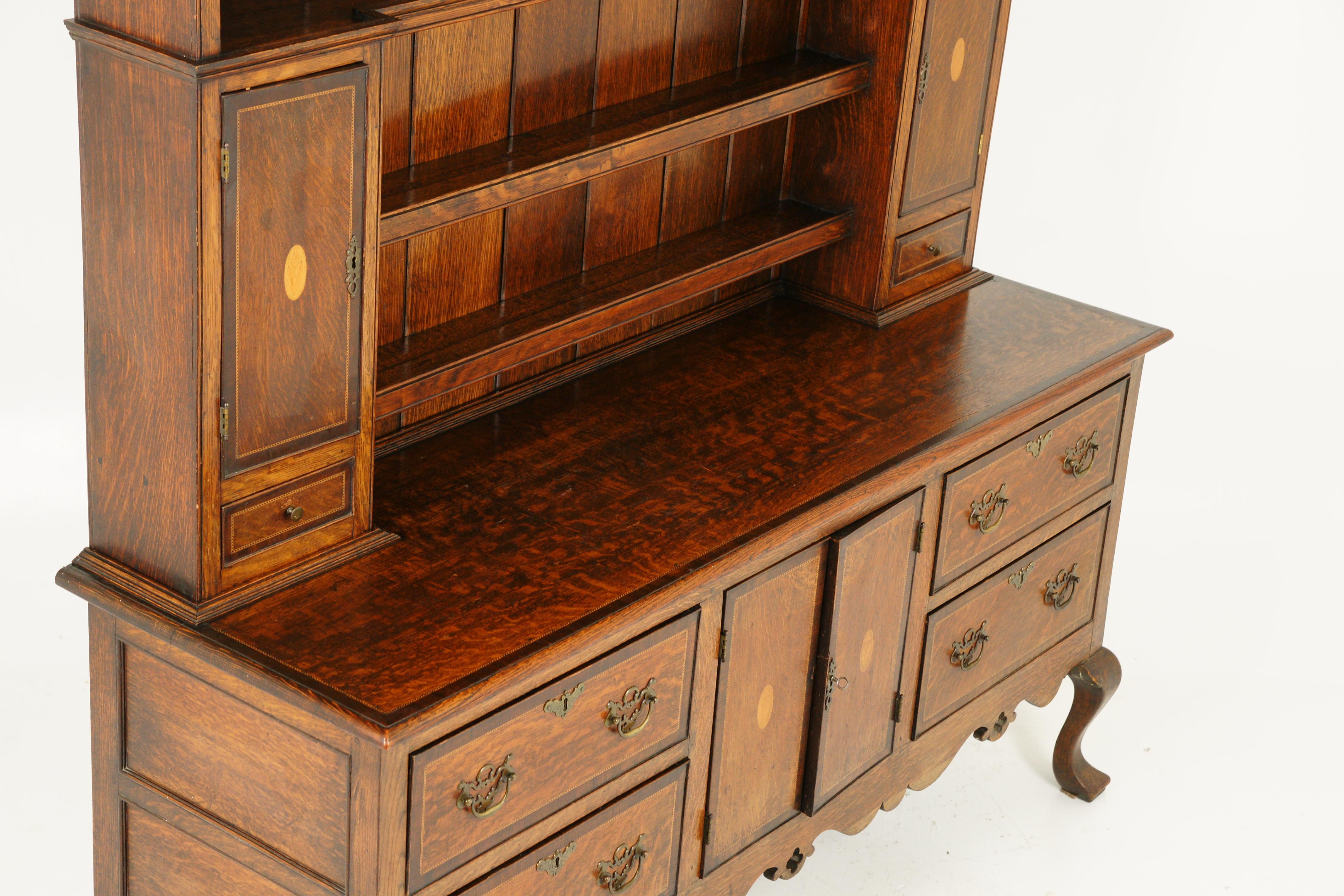 Antique Welsh Dresser, Inlaid Carved Oak, Sideboard, Scotland 1920