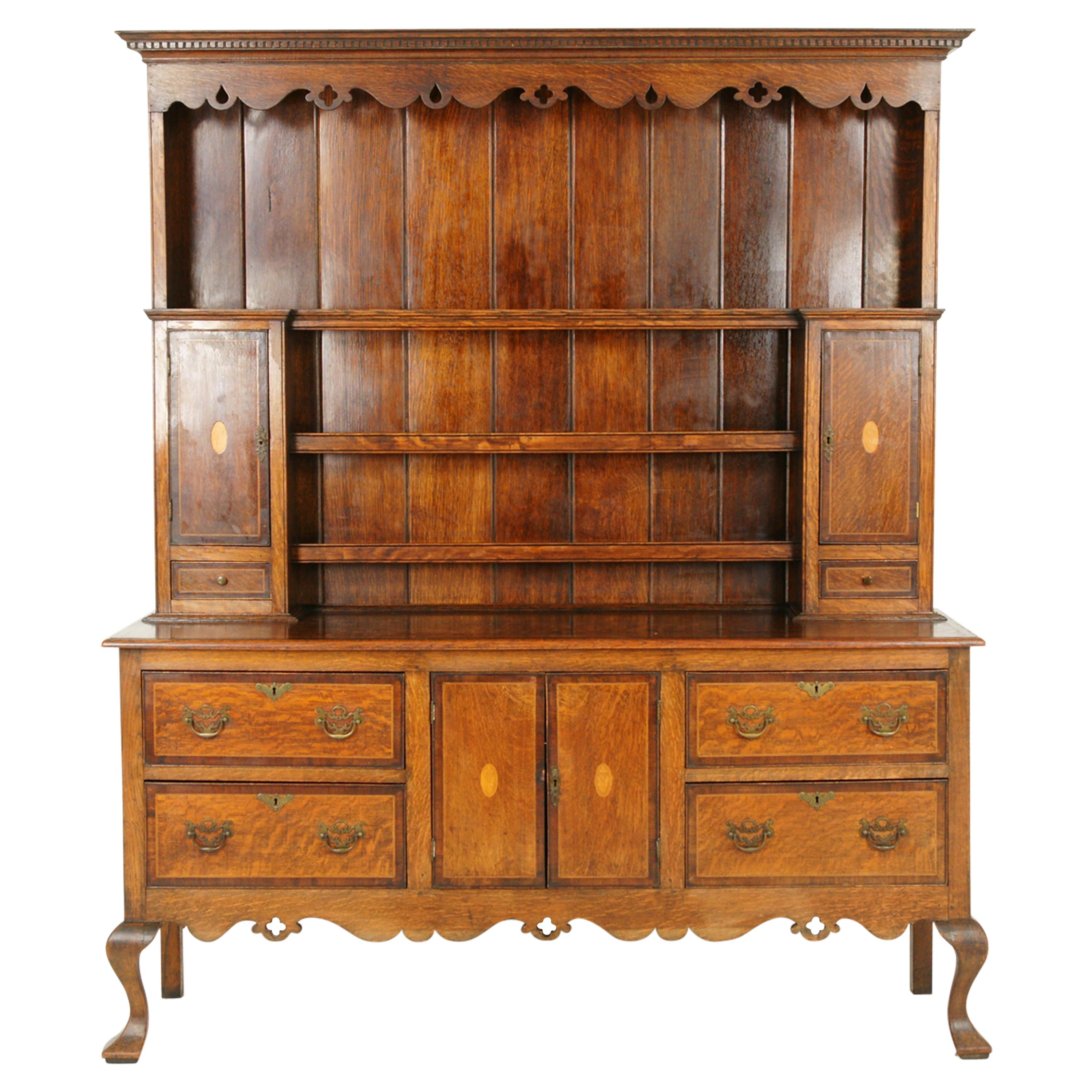 Antique Welsh Dresser, Inlaid Carved Oak, Sideboard, Scotland 1920