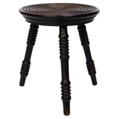Antique Welsh Ebonised Oak Turned Three Legged Stool C.1920