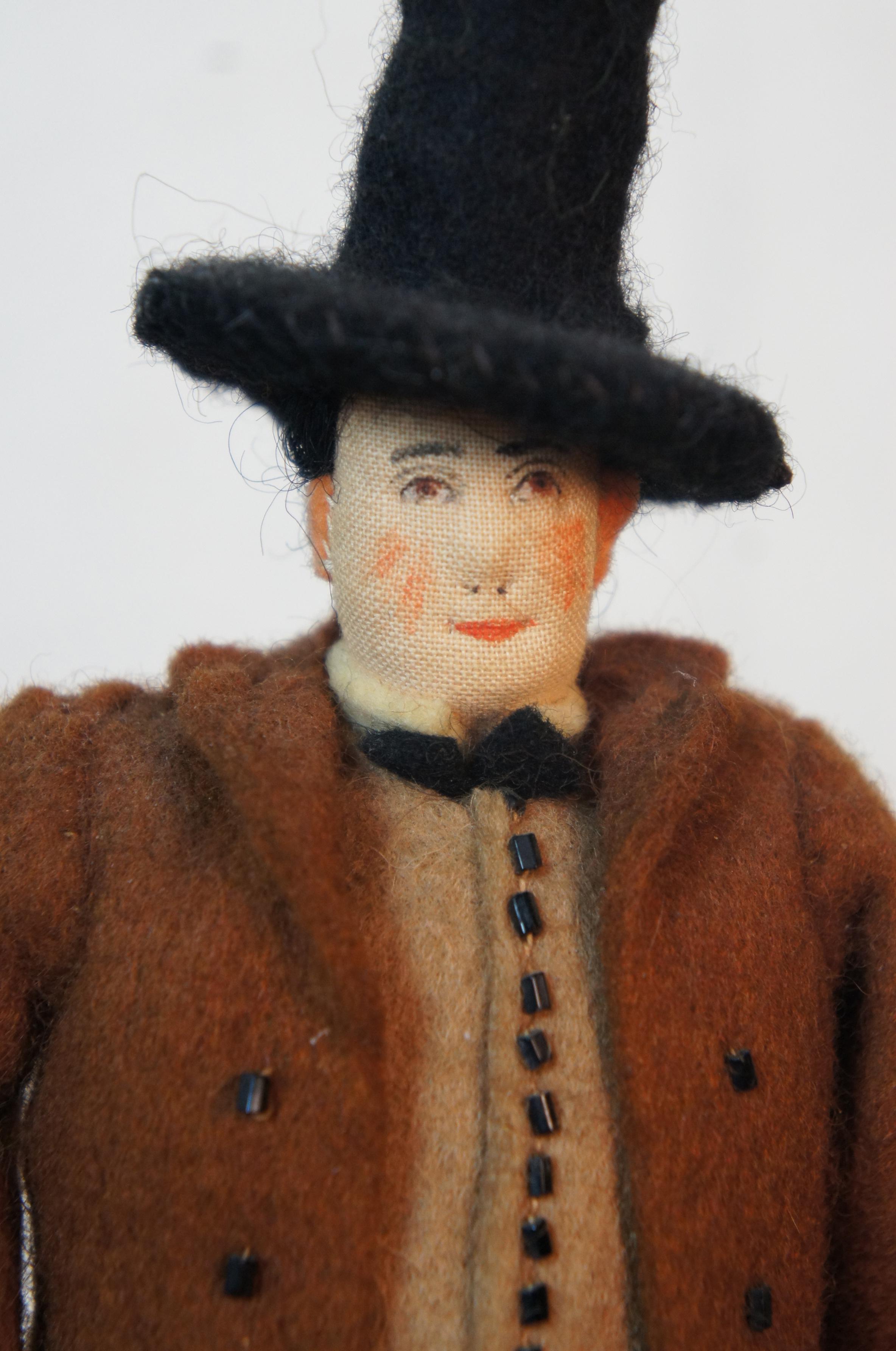 20th Century Antique Welsh Folk Art Pilgrim Man Cloth Doll Formal Wool Suit Wales For Sale