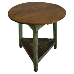 Antique Welsh Painted Cricket Table--Circa 1840s, Pine, Sage Green Base, Shelf