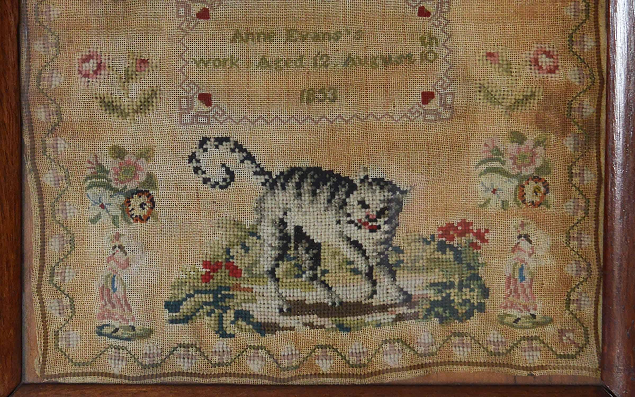Folk Art Antique Welsh Sampler with a Cat, Anne Evans, 1853