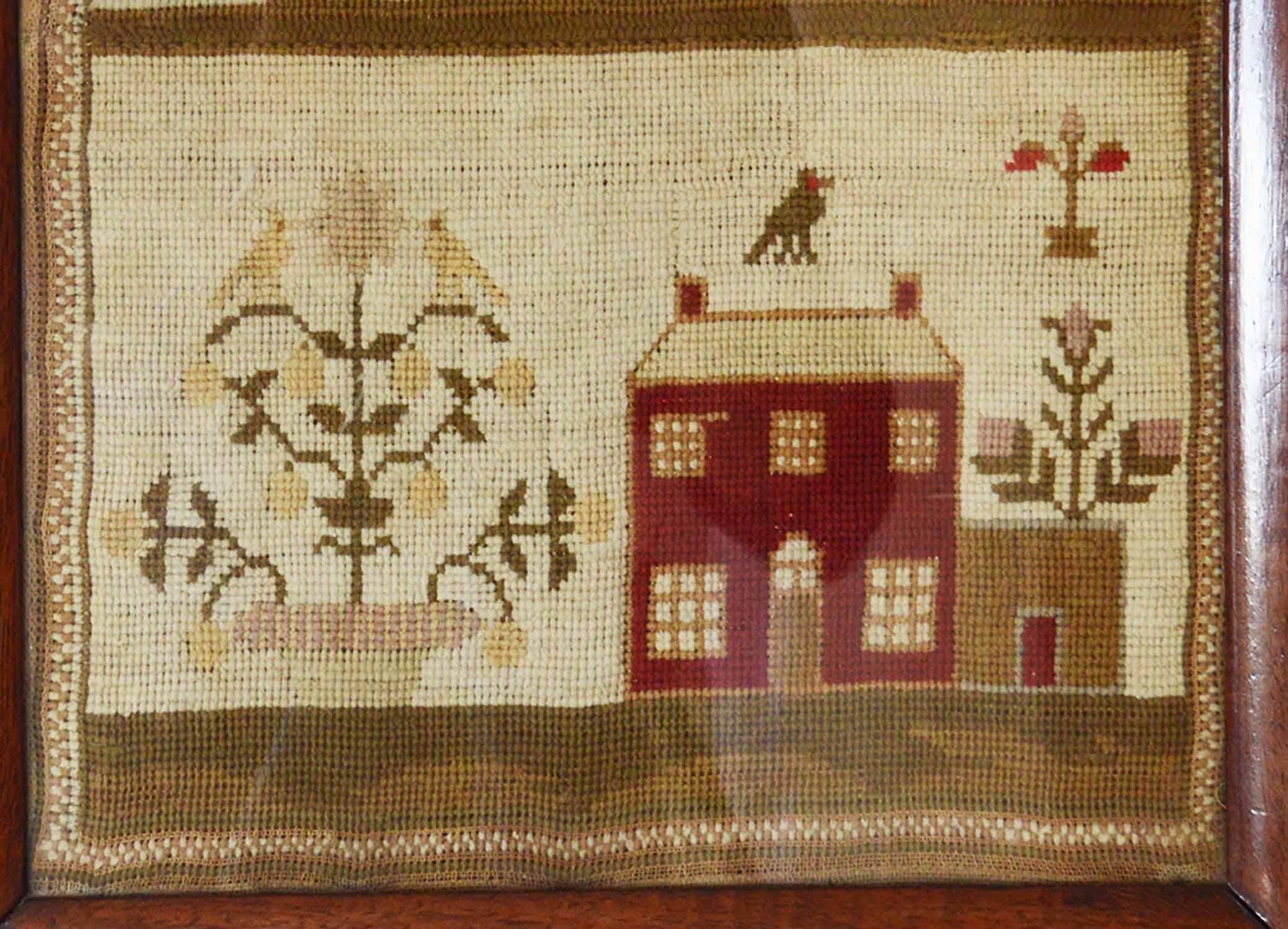 Folk Art Antique Welsh Sampler with a Country House, Elizabeth Evans, 1851
