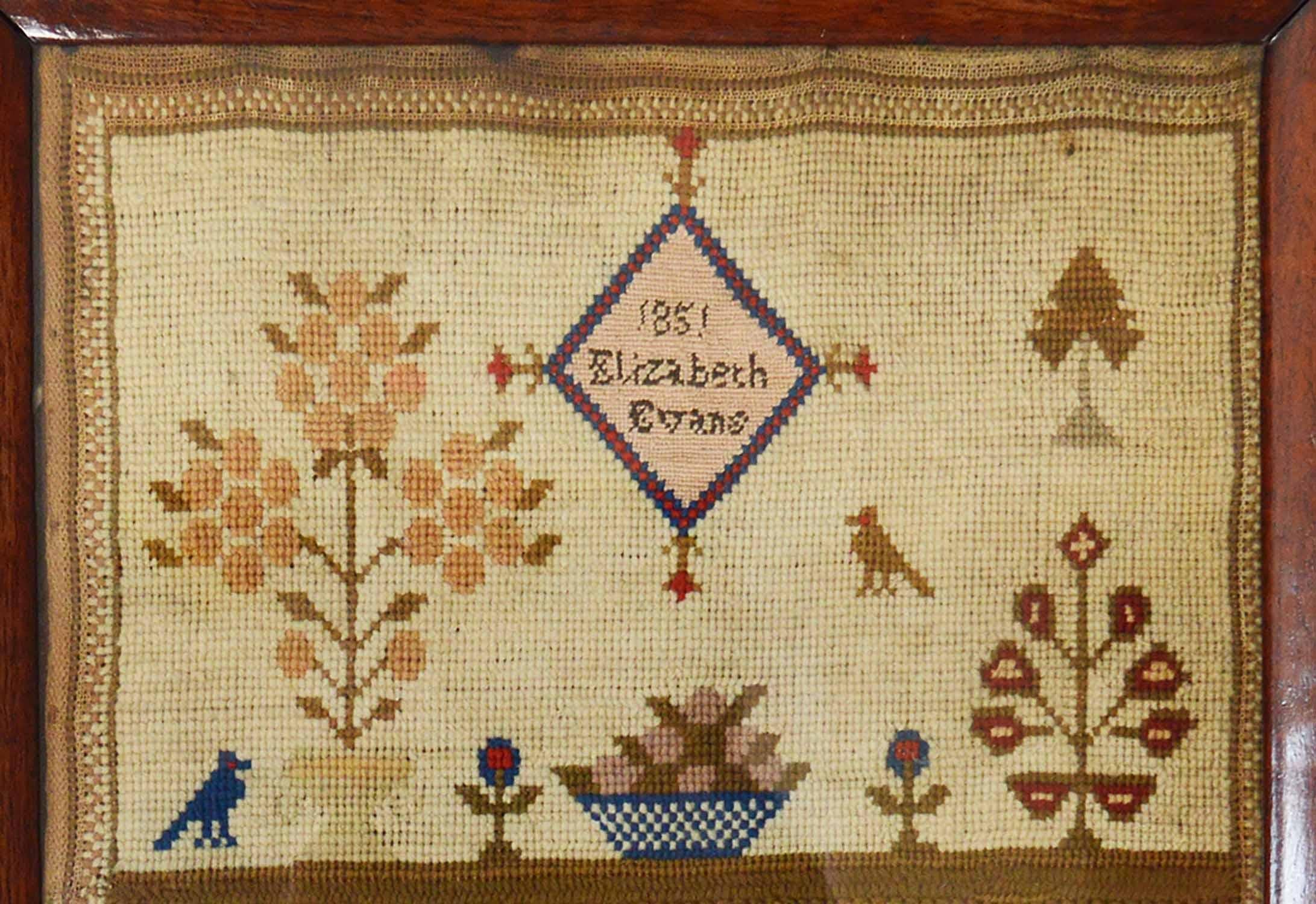 Embroidered Antique Welsh Sampler with a Country House, Elizabeth Evans, 1851