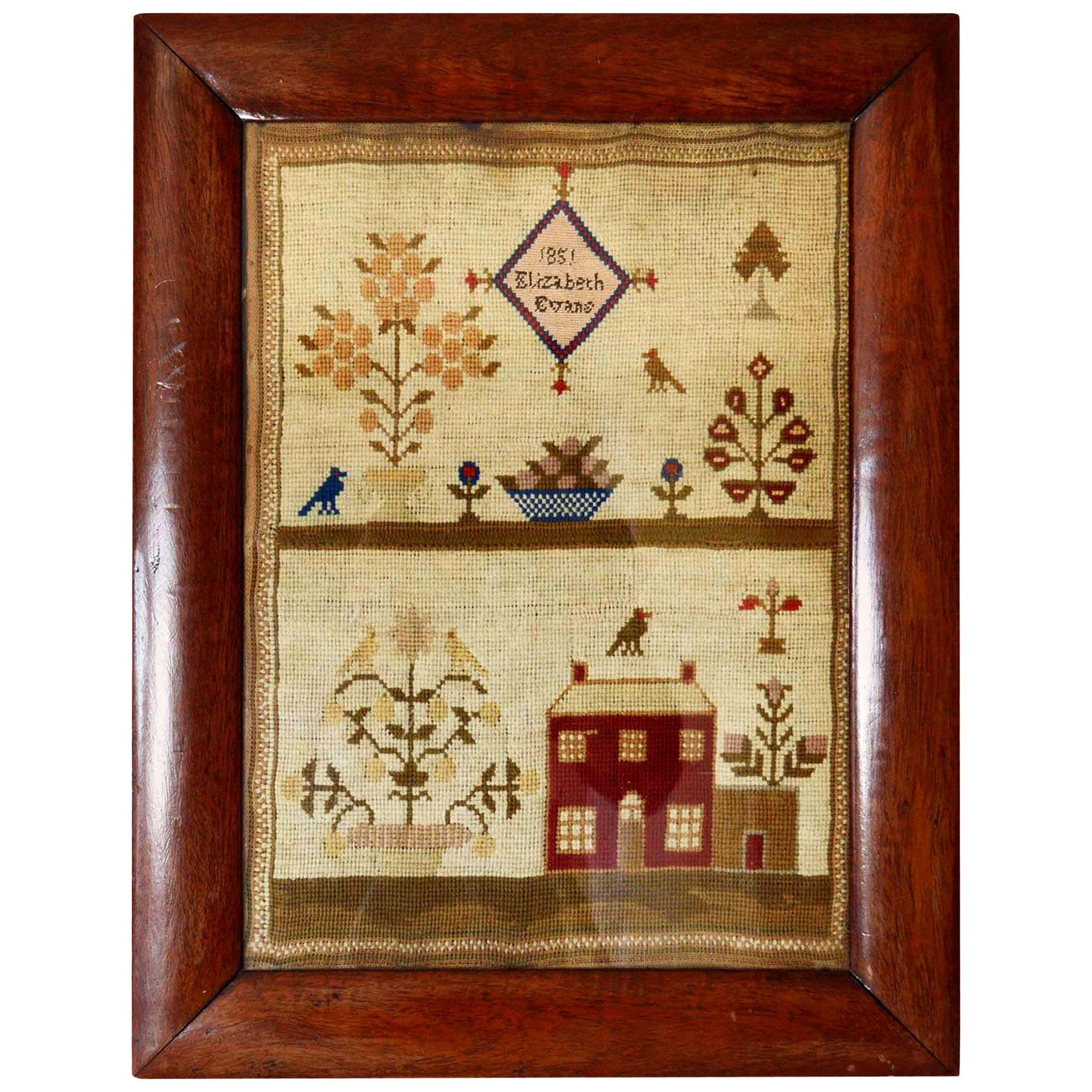 Antique Welsh Sampler with a Country House, Elizabeth Evans, 1851