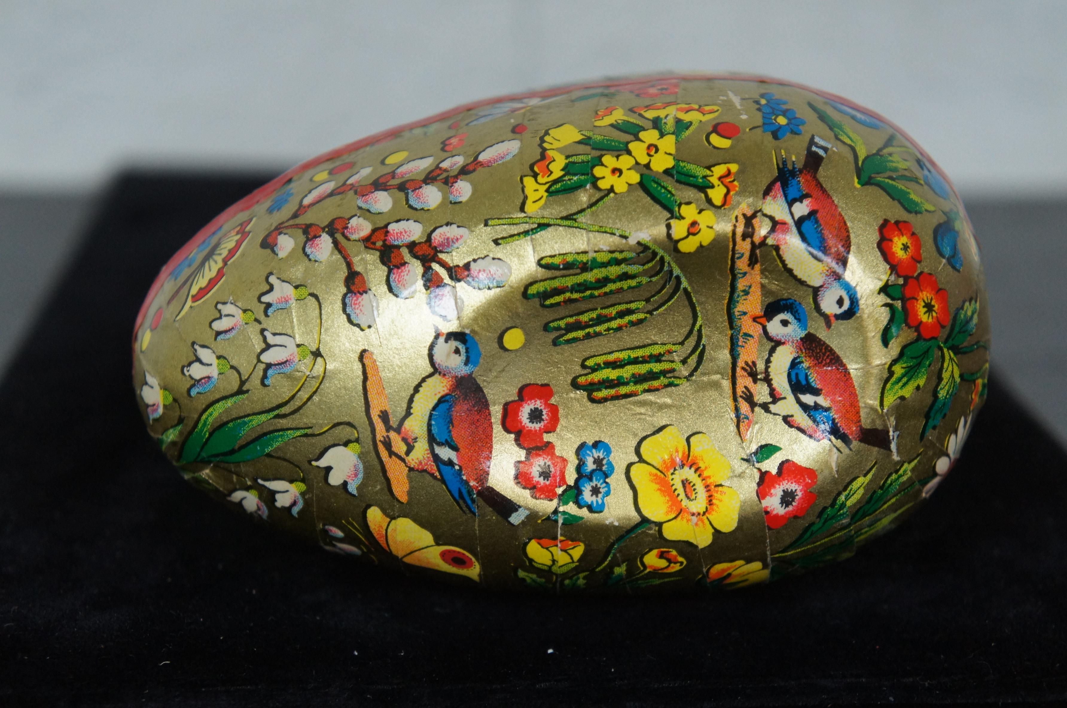 Antique West German Papier Mâché Easter Egg Candy Container Gold Flowers Birds 2